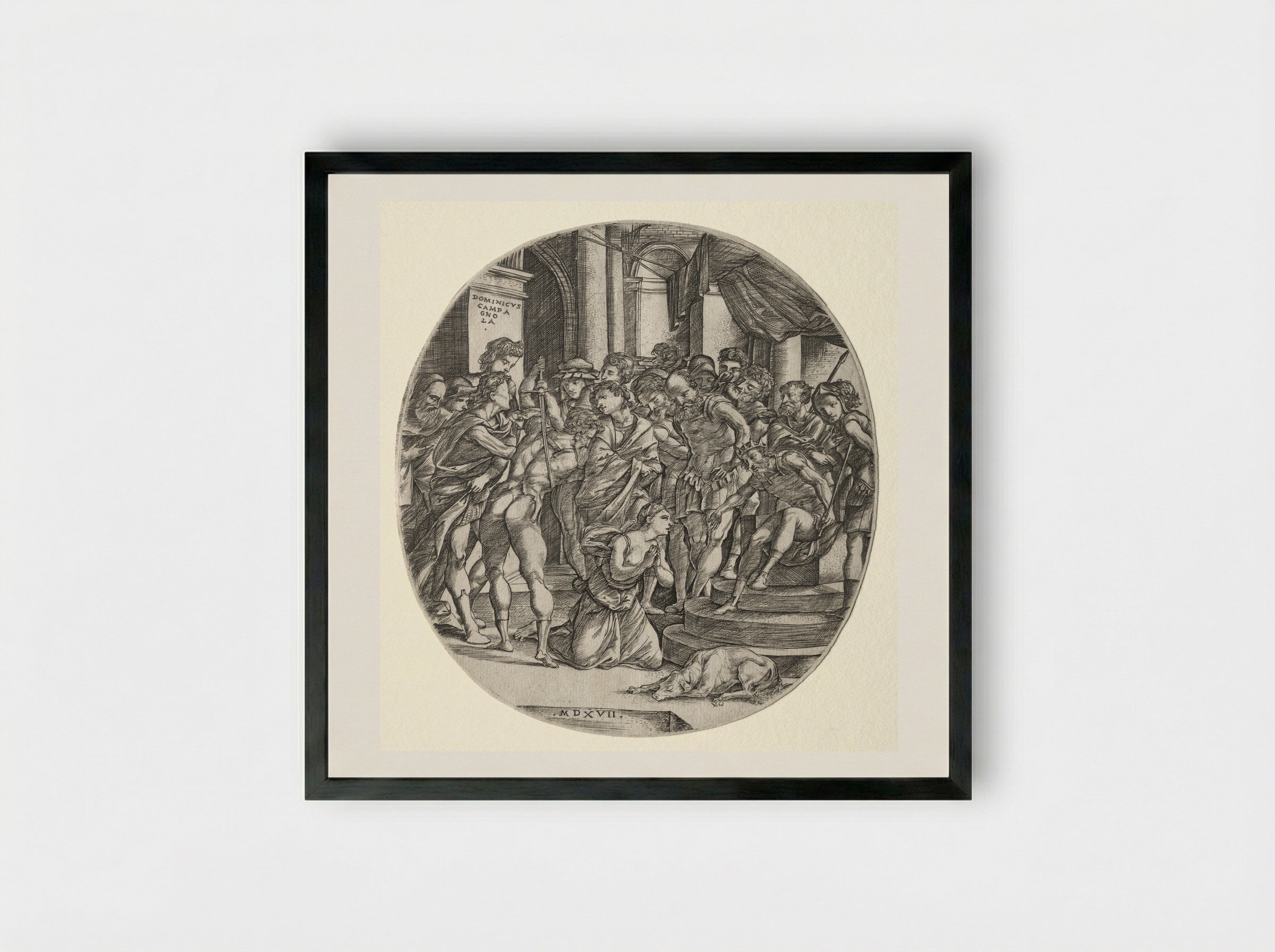The Beheading of Saint Catherine - Domenico Campagnola - Framed Print Black