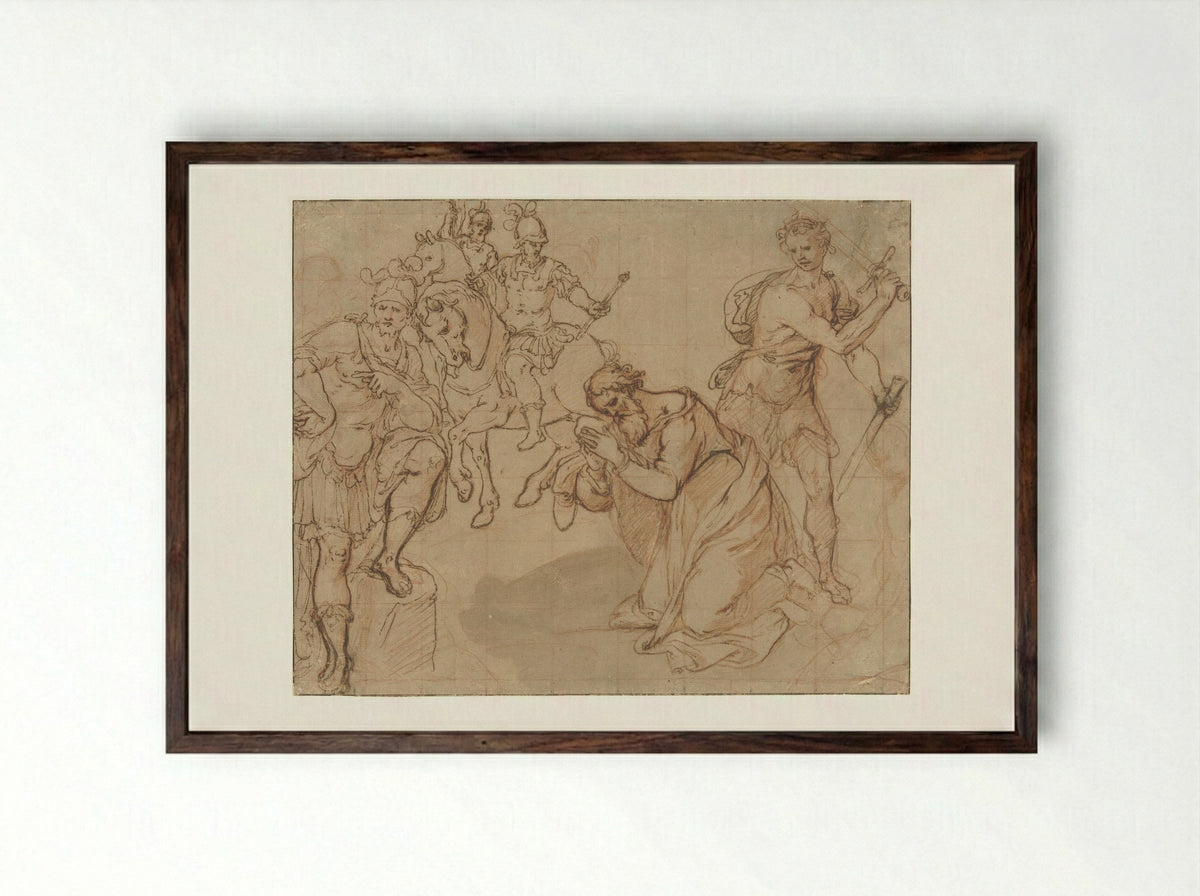 The Beheading of Saint Paul with Two Horsemen in the Background - Avanzino Nucci - Framed Print Dark Wood