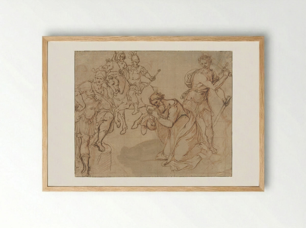 The Beheading of Saint Paul with Two Horsemen in the Background - Avanzino Nucci - Framed Print Wood