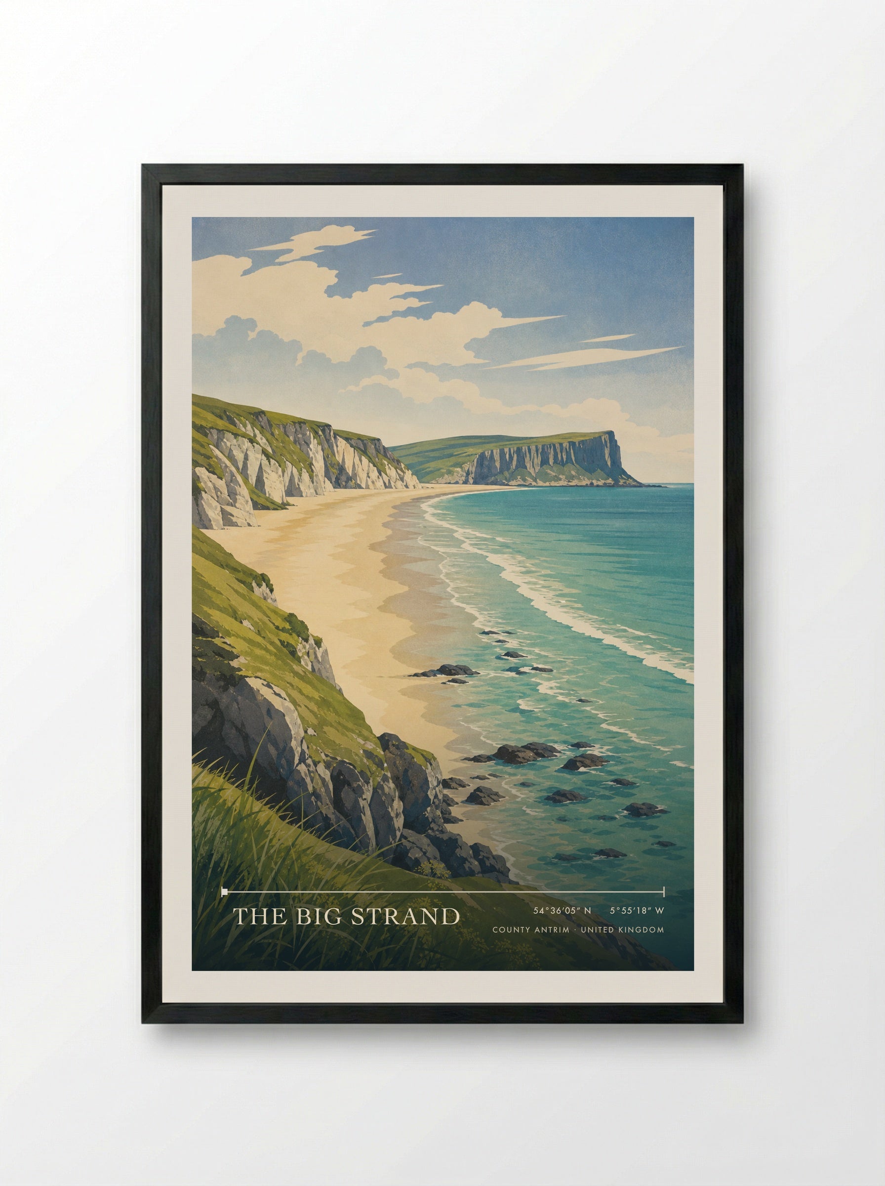 The Big Strand County Antrim United Kingdom Travel Poster - Framed Print Black