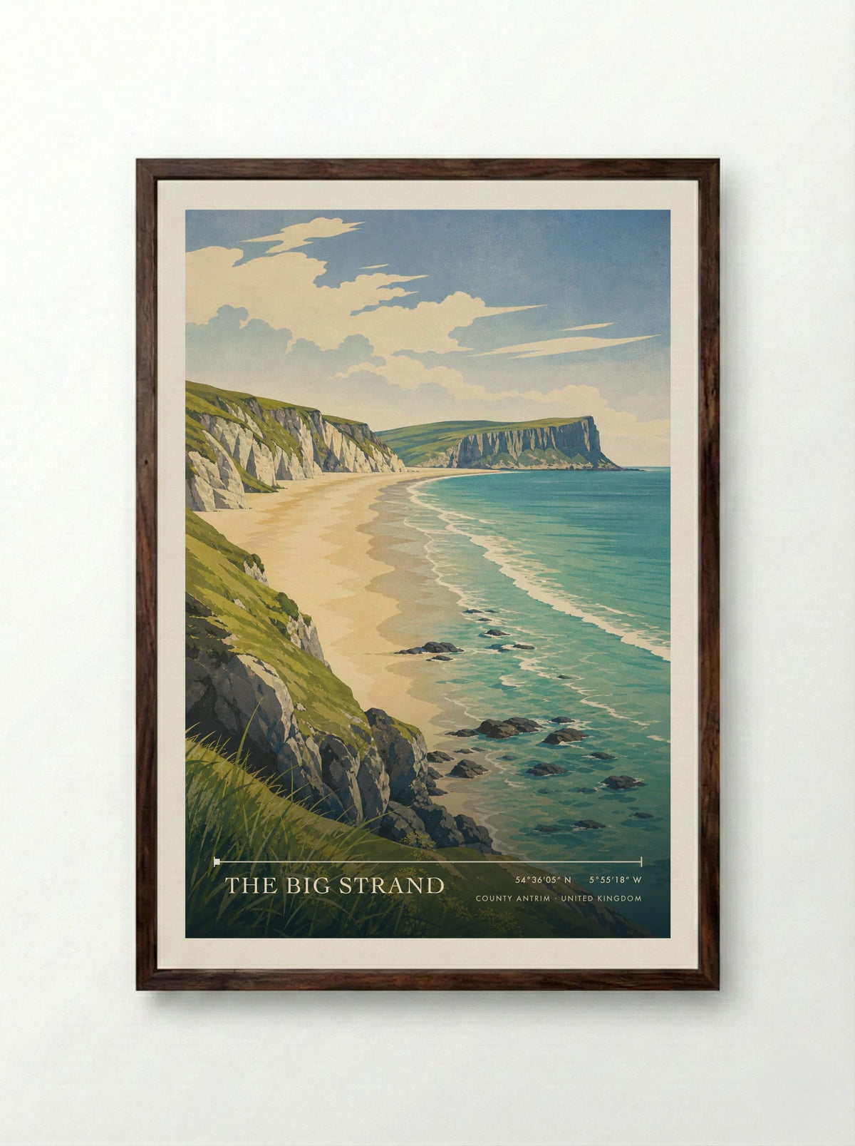 The Big Strand County Antrim United Kingdom Travel Poster - Framed Print Dark Wood