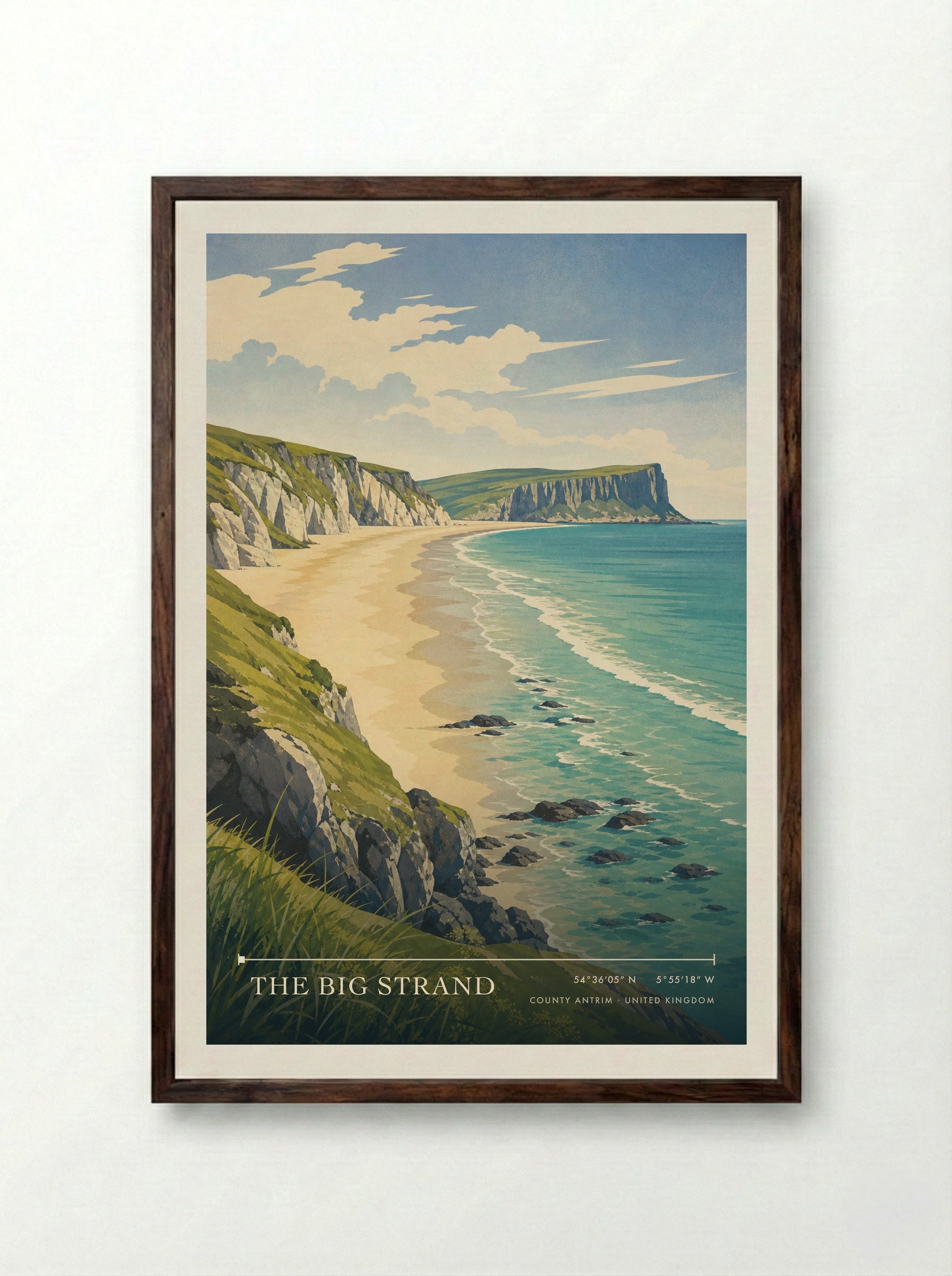 The Big Strand County Antrim United Kingdom Travel Poster - Framed Print Dark Wood