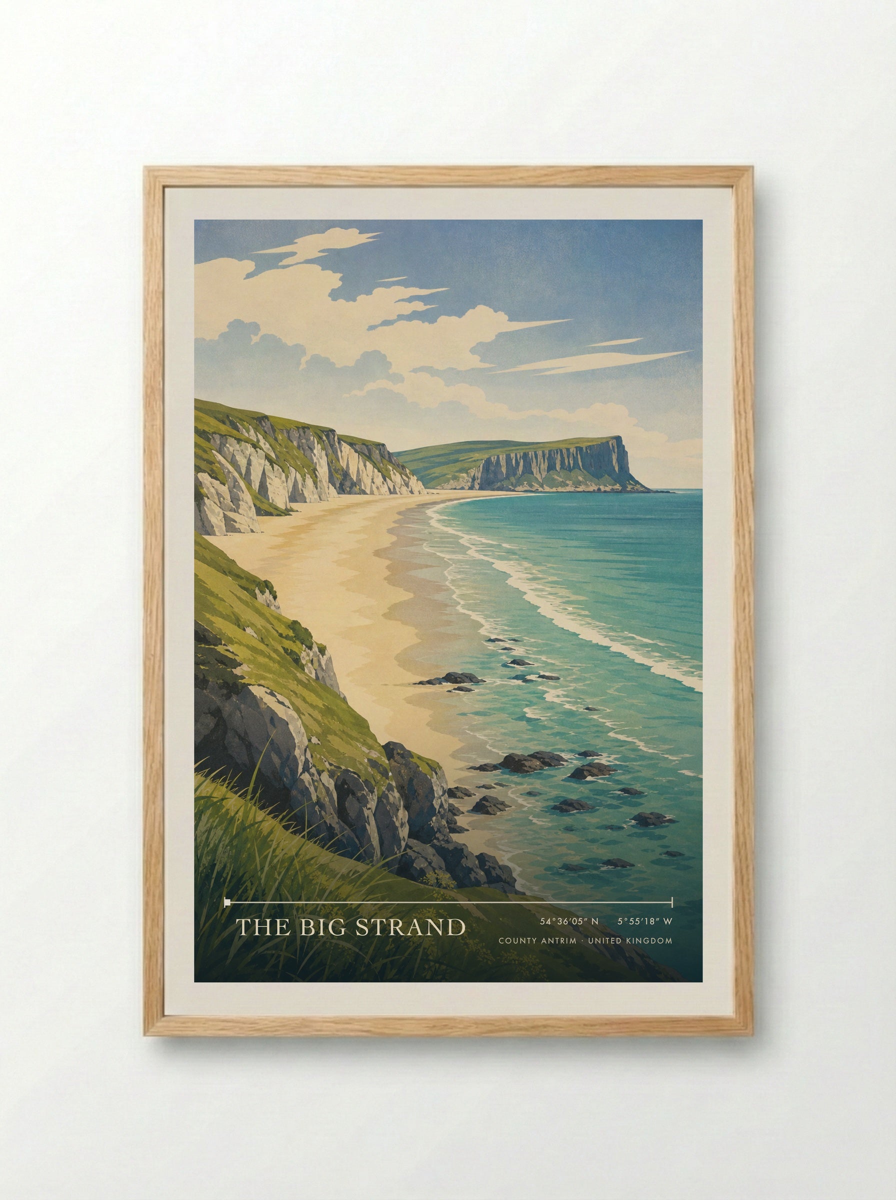 The Big Strand County Antrim United Kingdom Travel Poster - Framed Print Wood