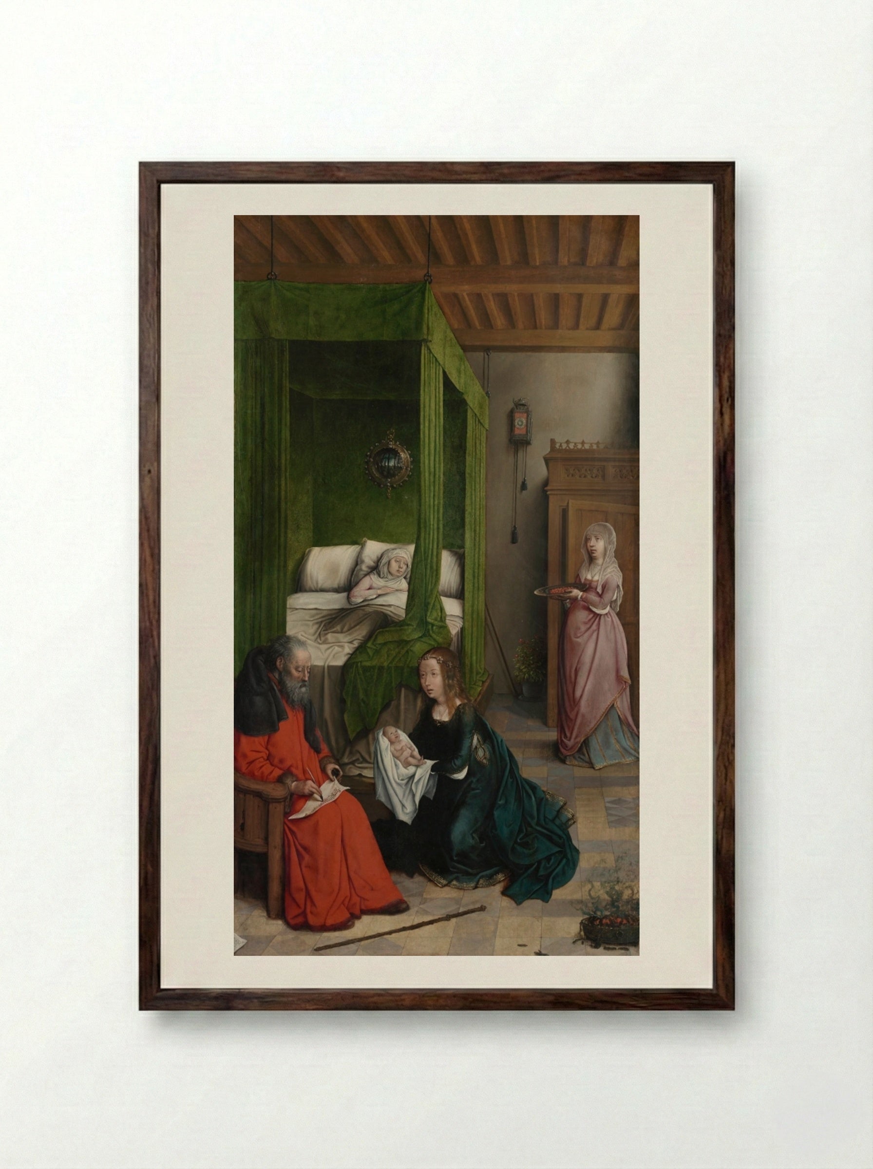 The Birth and Naming of John the Baptist - Juan de Flandes - Framed Print Dark Wood