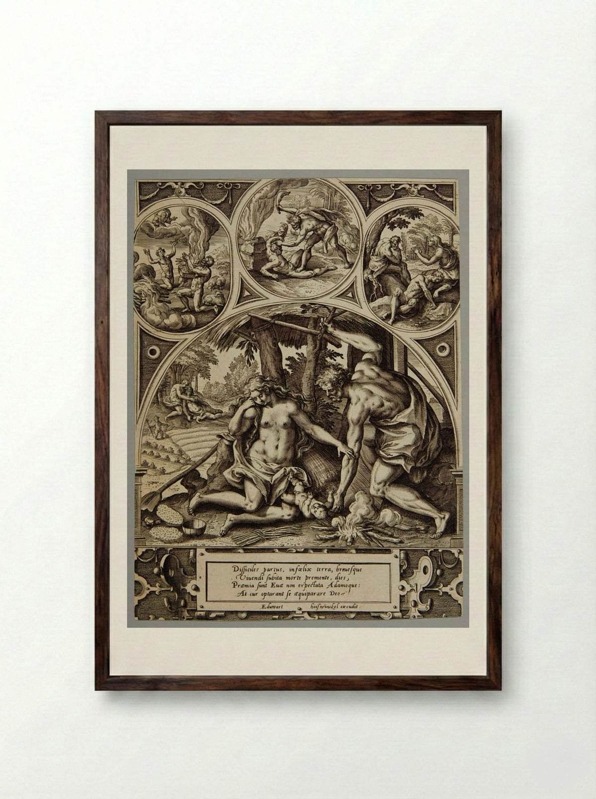 The Birth of Cain - Adriaen Collaert - Framed Print Dark Wood