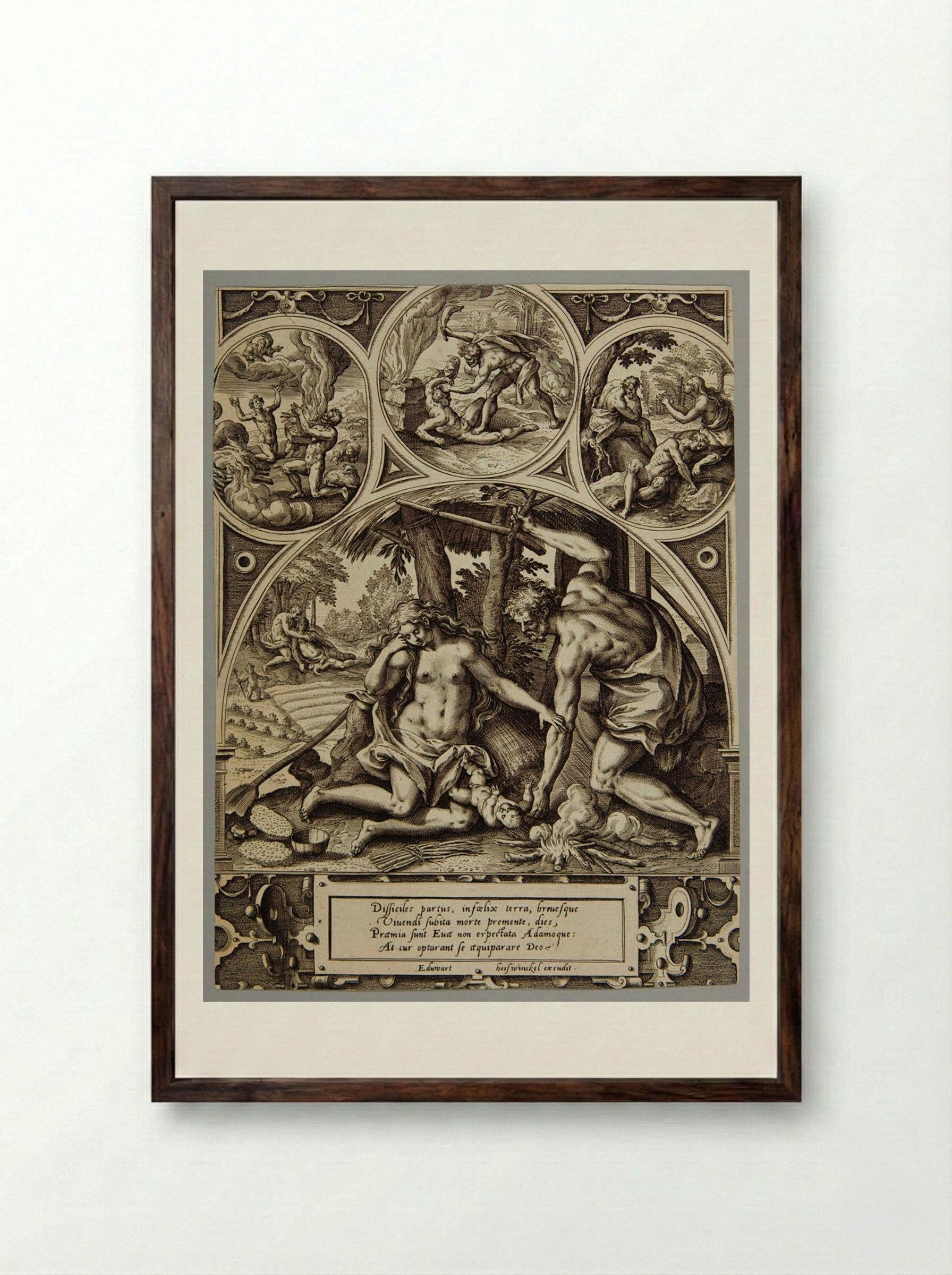 The Birth of Cain - Adriaen Collaert - Framed Print Dark Wood