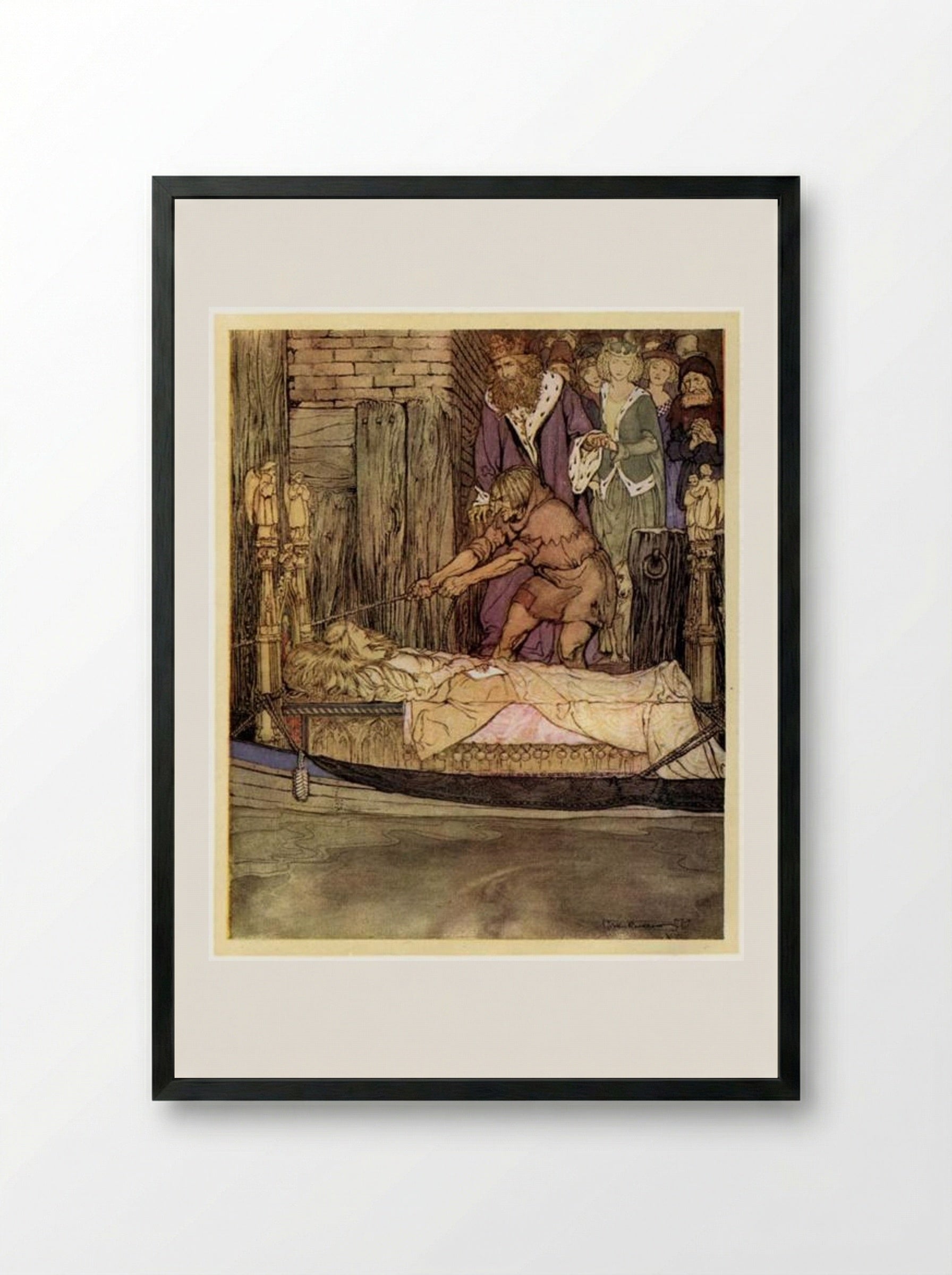 The Boat with the Dead Maid of Astolat before the Palace at Westminster - Arthur Rackham - Framed Print Black