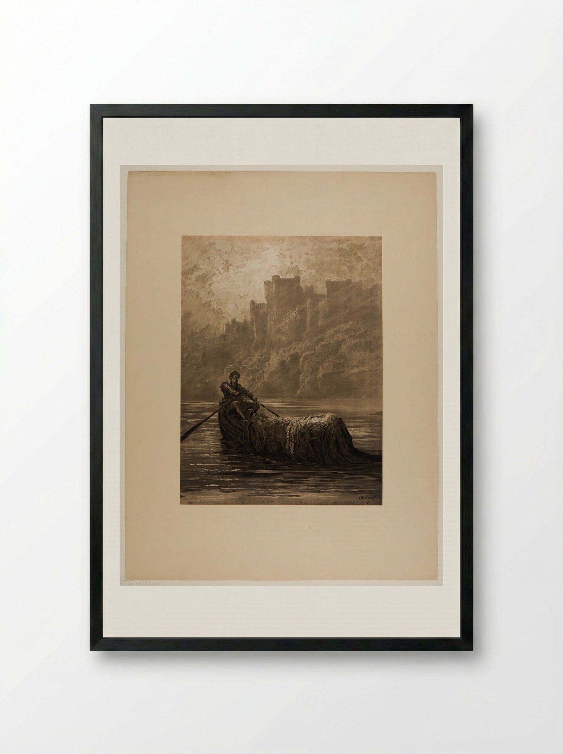 The Body of Elaine on Its Way to King Arthur's Palace - Gustave Doré - Framed Print Black