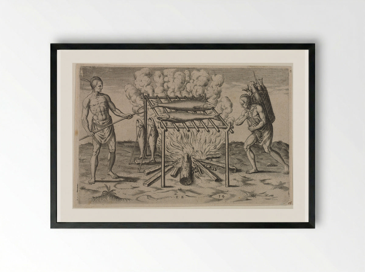 The Broiling of their Fish over the Flame - Theodor de Bry - Framed Print Black