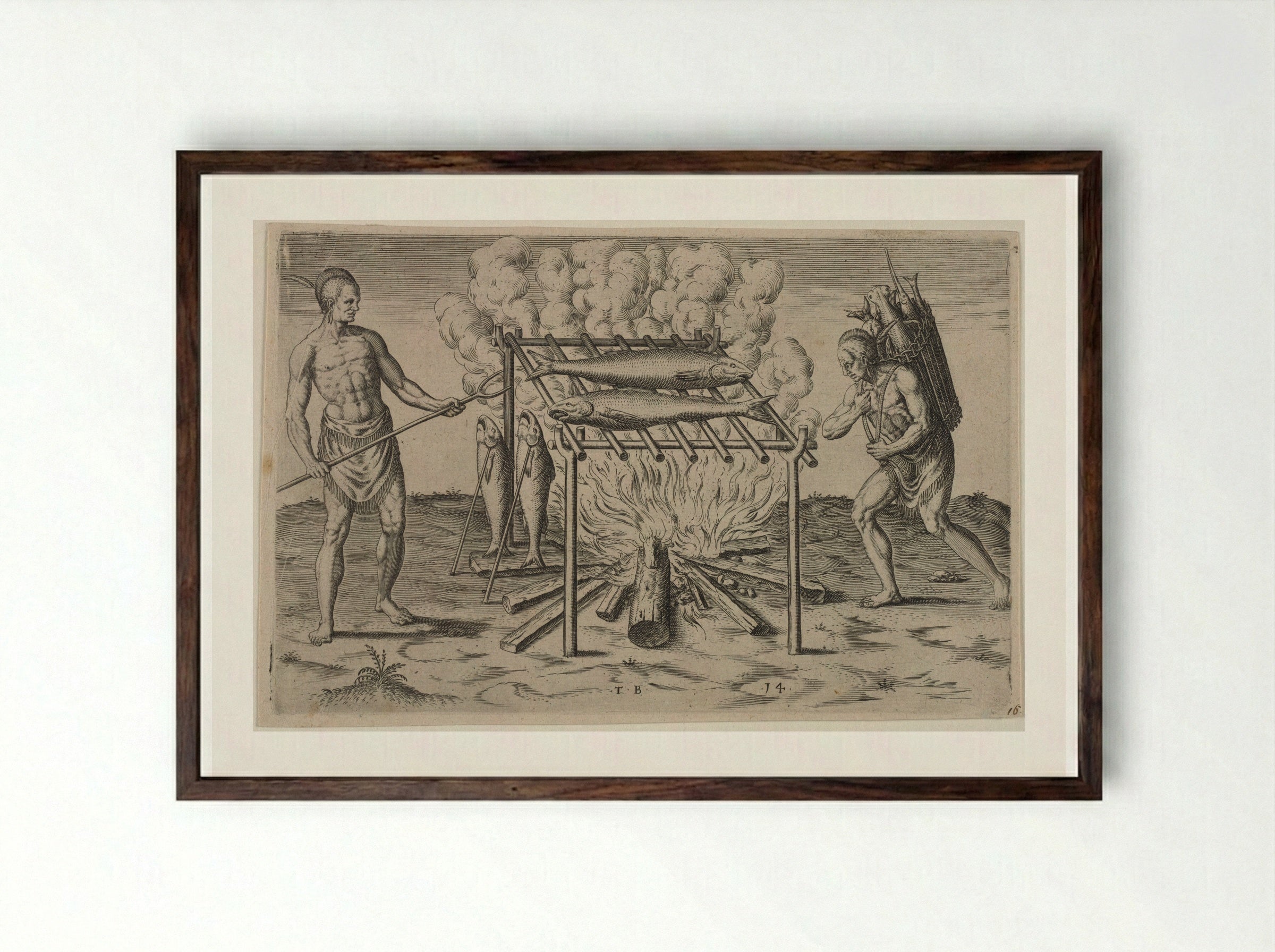 The Broiling of their Fish over the Flame - Theodor de Bry - Framed Print Dark Wood