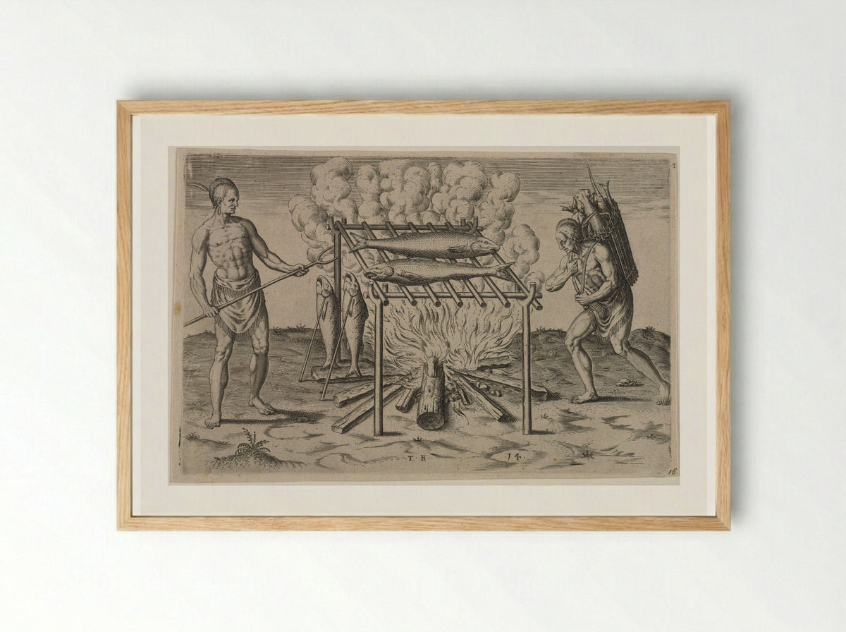 The Broiling of their Fish over the Flame - Theodor de Bry - Framed Print Wood