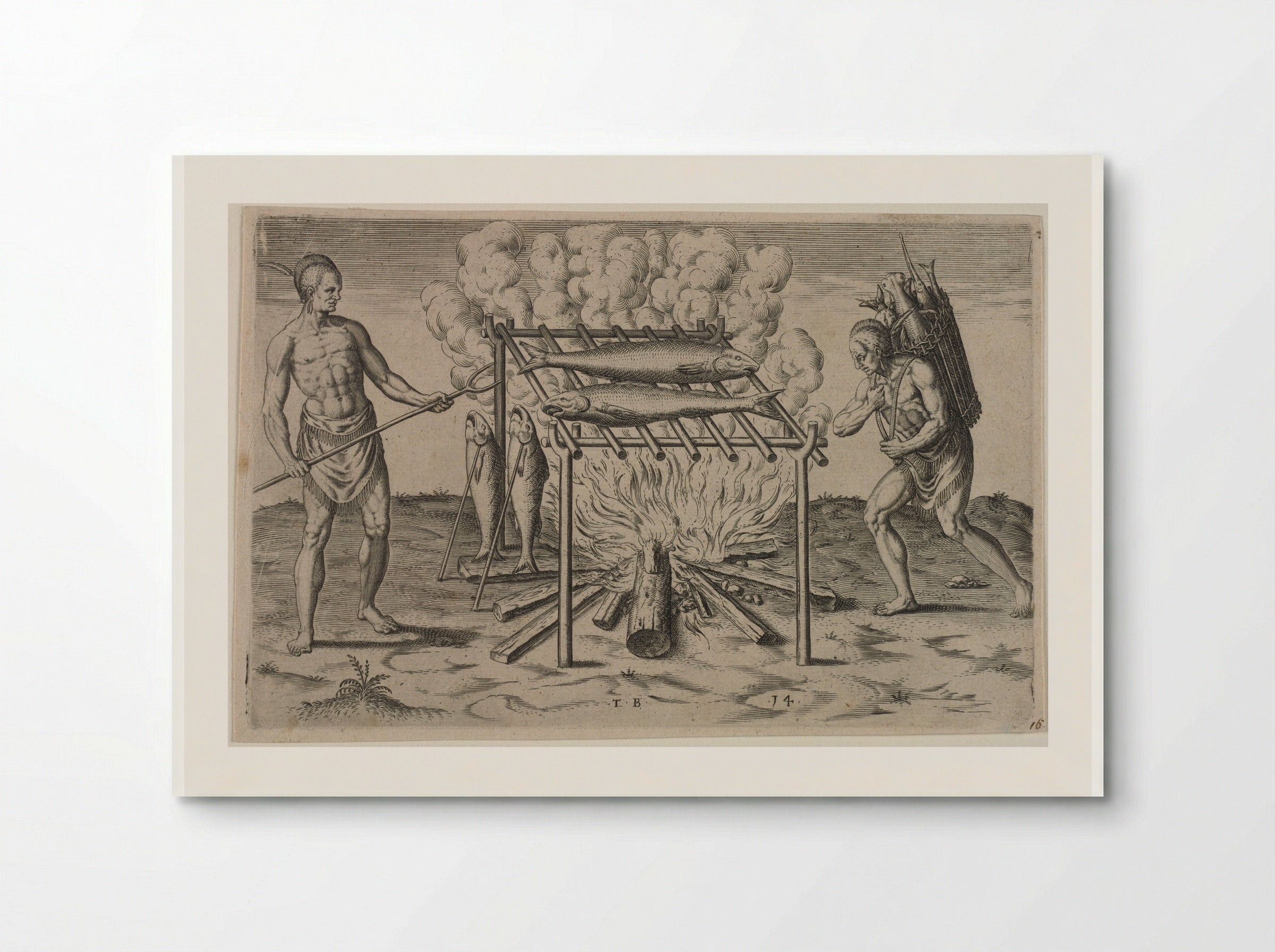 The Broiling of their Fish over the Flame - Theodor de Bry - Poster