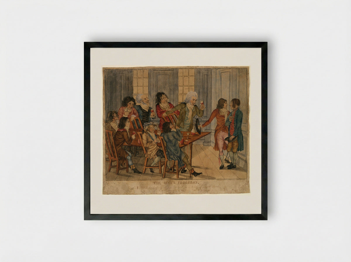 The Buck's Progress I: The Introduction of a Country Lad to a Club of Town Bucks - Washington Allston - Framed Print Black