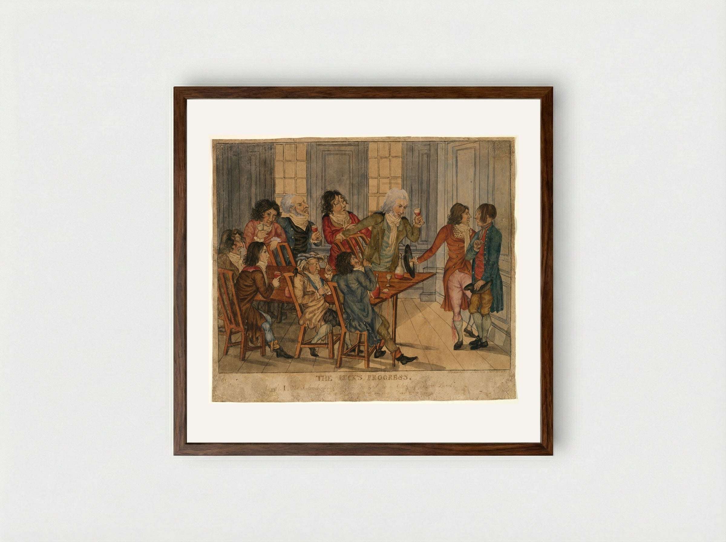 The Buck's Progress I: The Introduction of a Country Lad to a Club of Town Bucks - Washington Allston - Framed Print Dark Wood