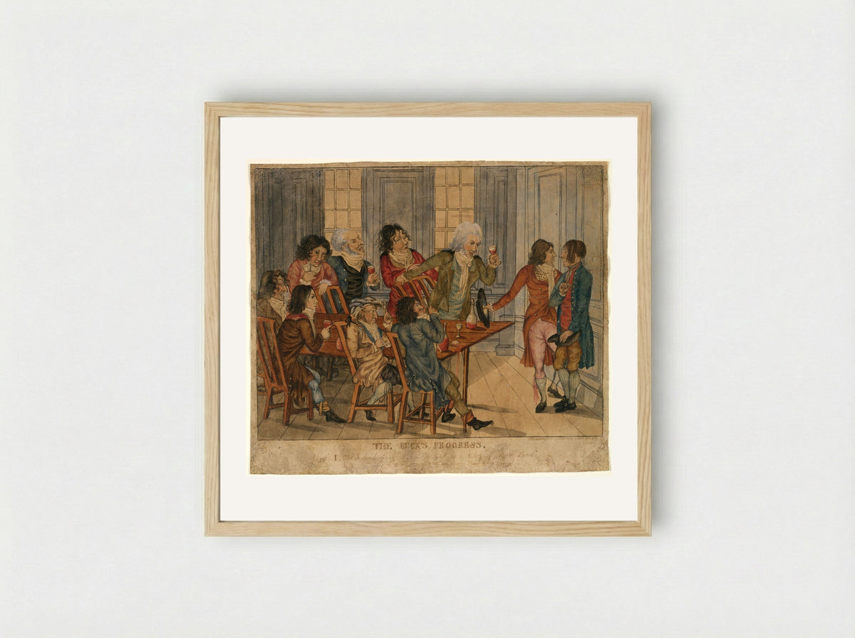 The Buck's Progress I: The Introduction of a Country Lad to a Club of Town Bucks - Washington Allston - Framed Print Wood