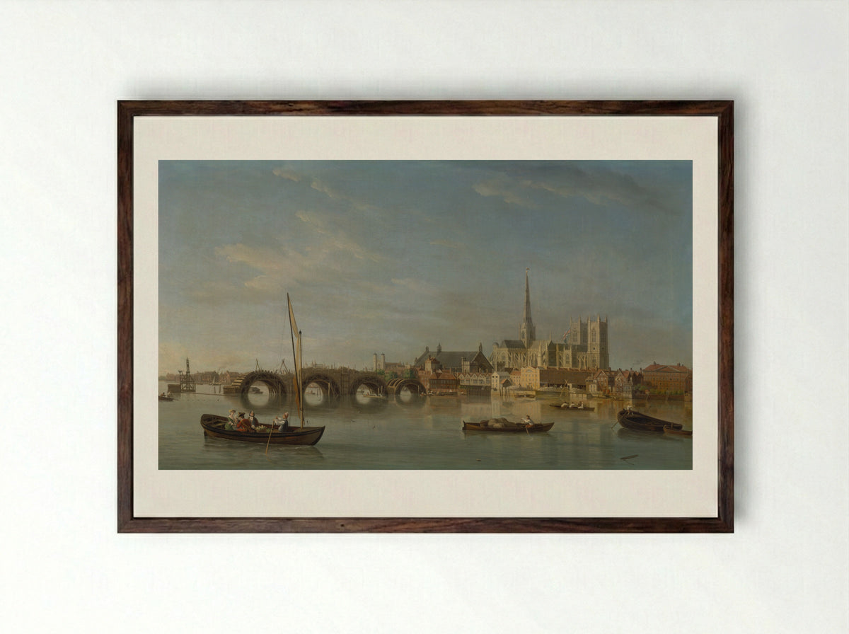The Building of Westminster Bridge - Samuel Scott - Framed Print Dark Wood