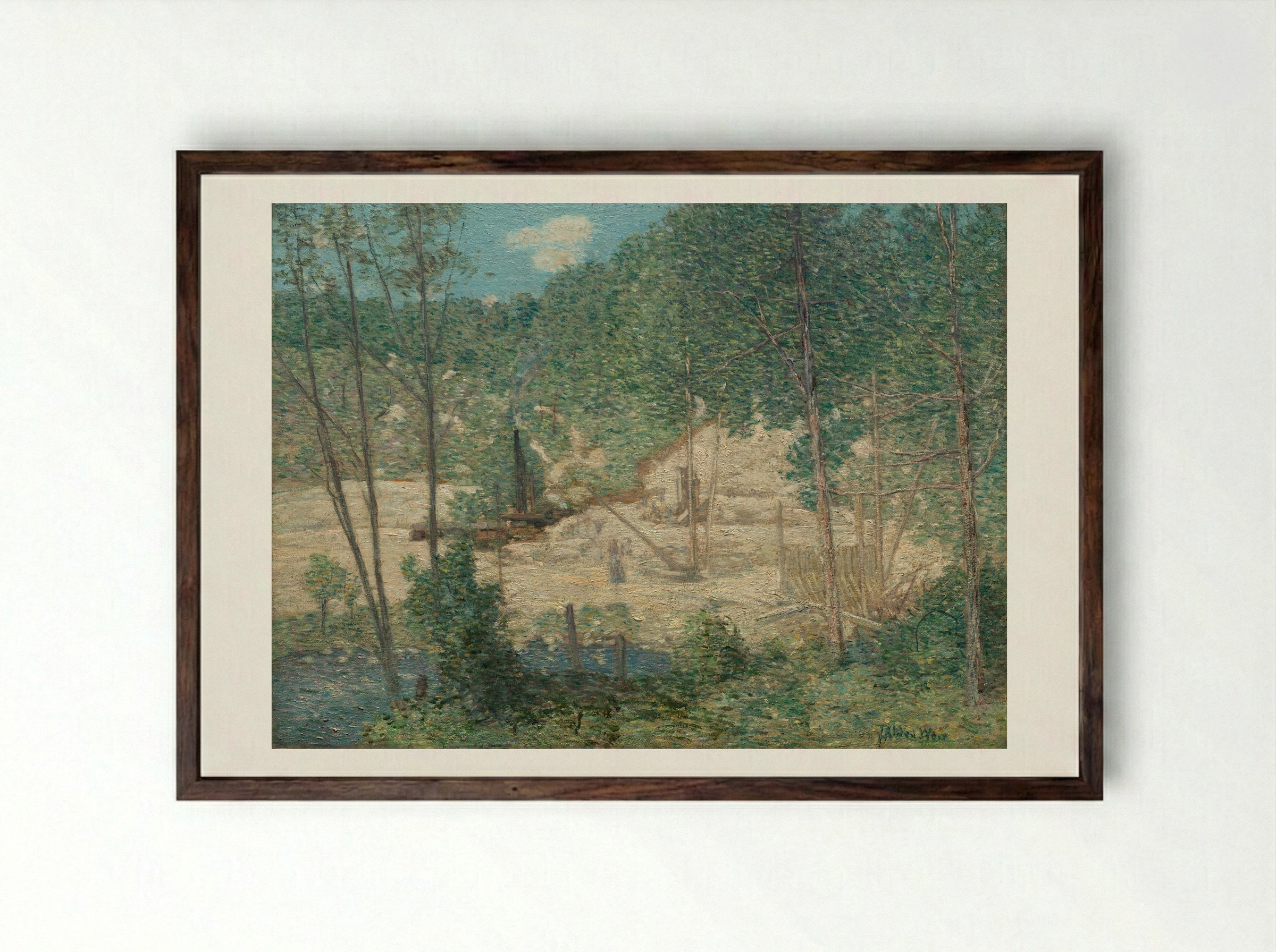 The Building of the Dam - Julian Alden Weir - Framed Print Dark Wood