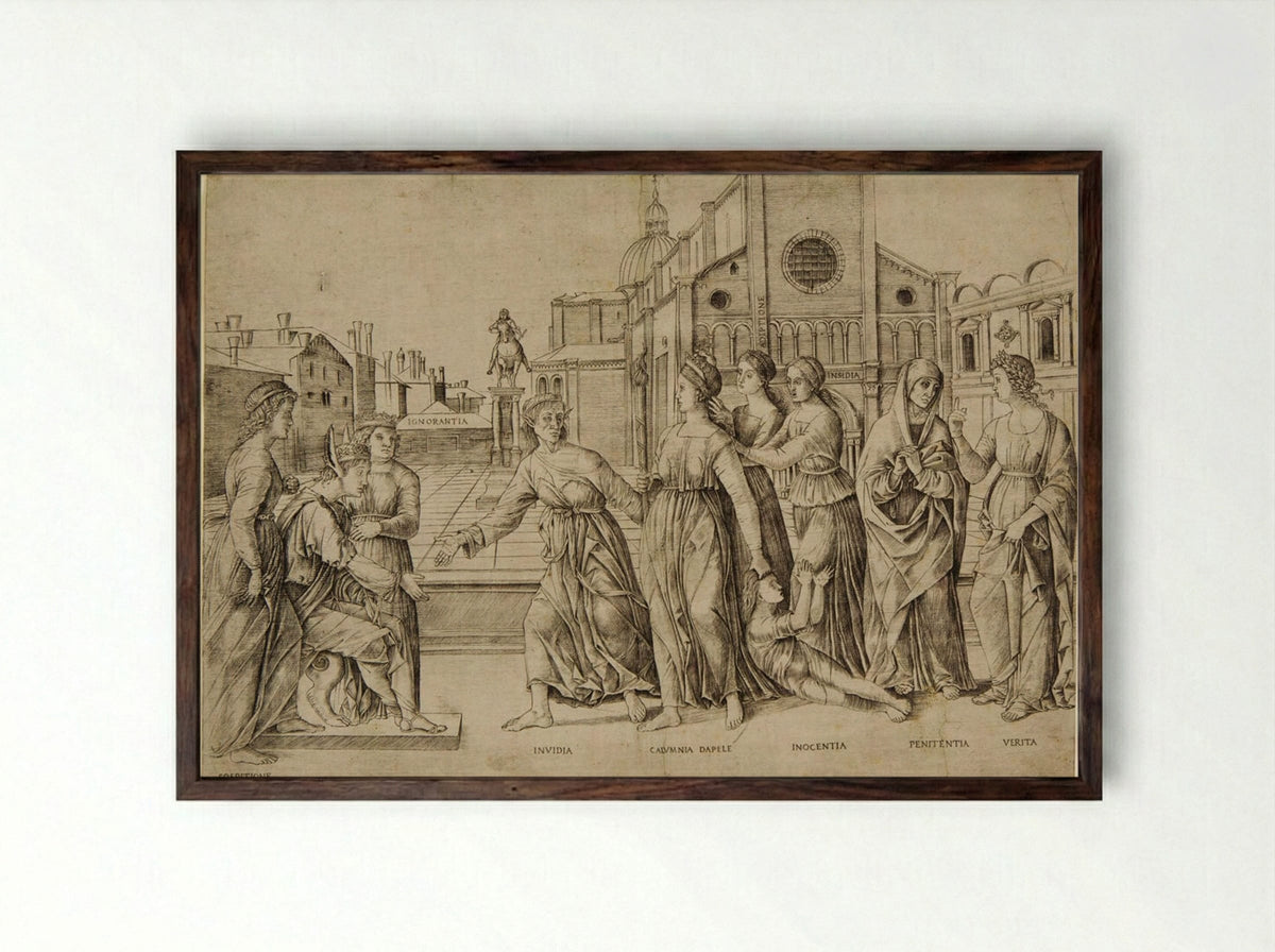 The Calumny of Apelles - Girolamo Mocetto - Framed Print Dark Wood