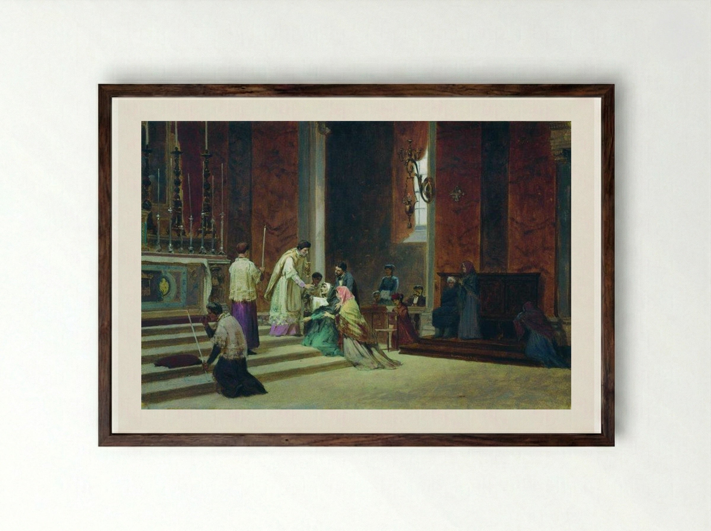 The Catholic Mass - Fyodor Bronnikov - Framed Print Dark Wood