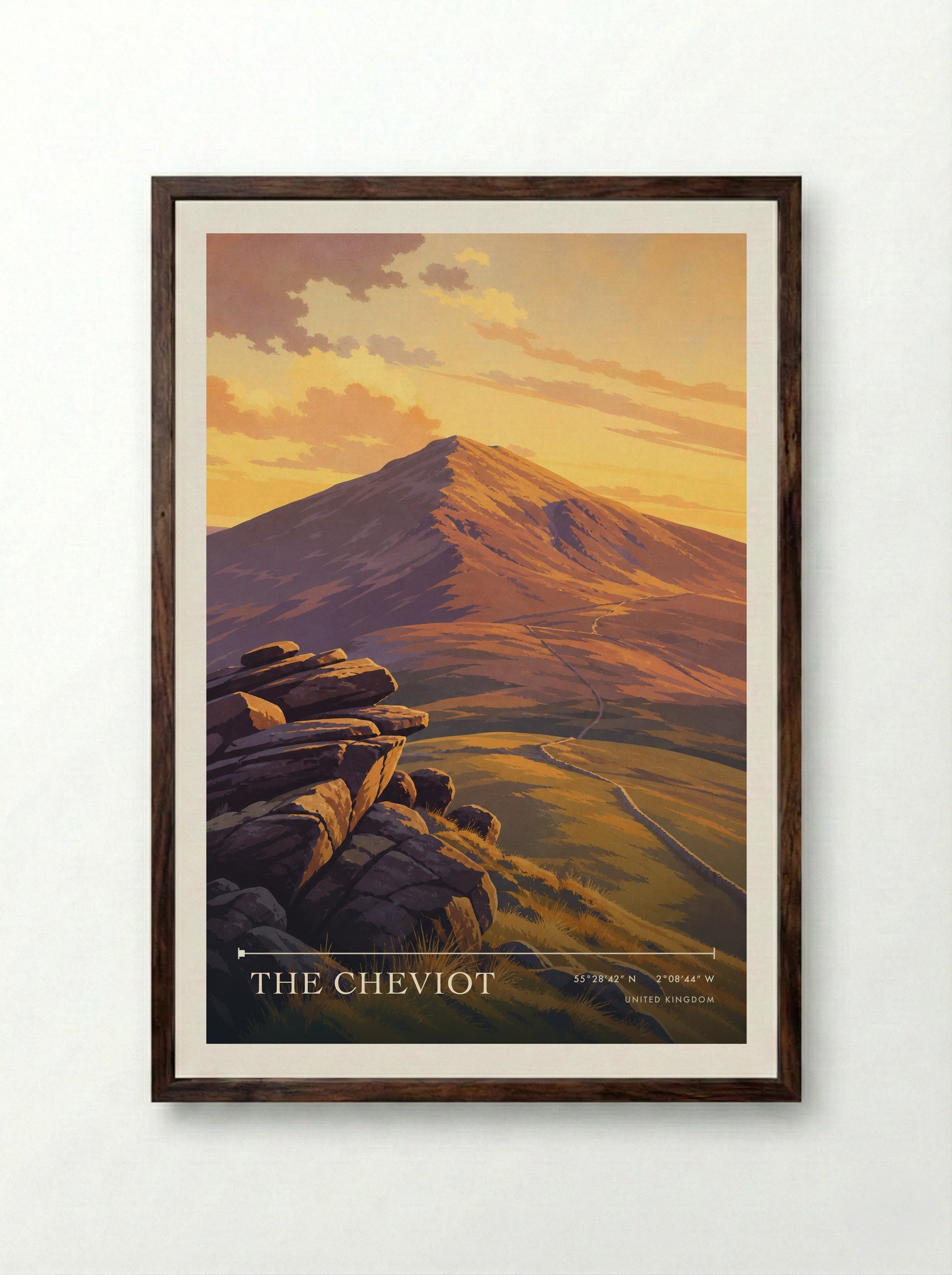 The Cheviot United Kingdom Travel Poster - Framed Print Dark Wood
