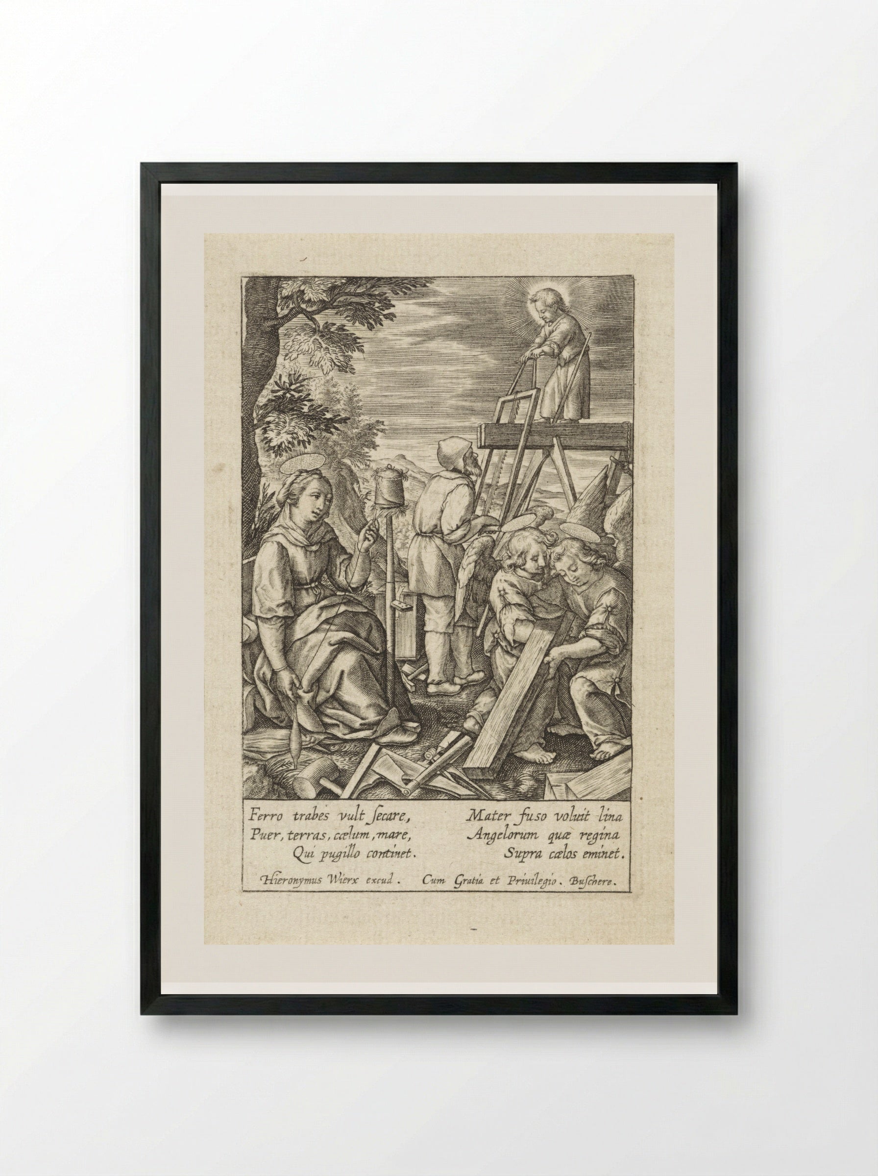 The Christ Child Helping Joseph with Sawing - Hieronymus Wierix - Framed Print Black