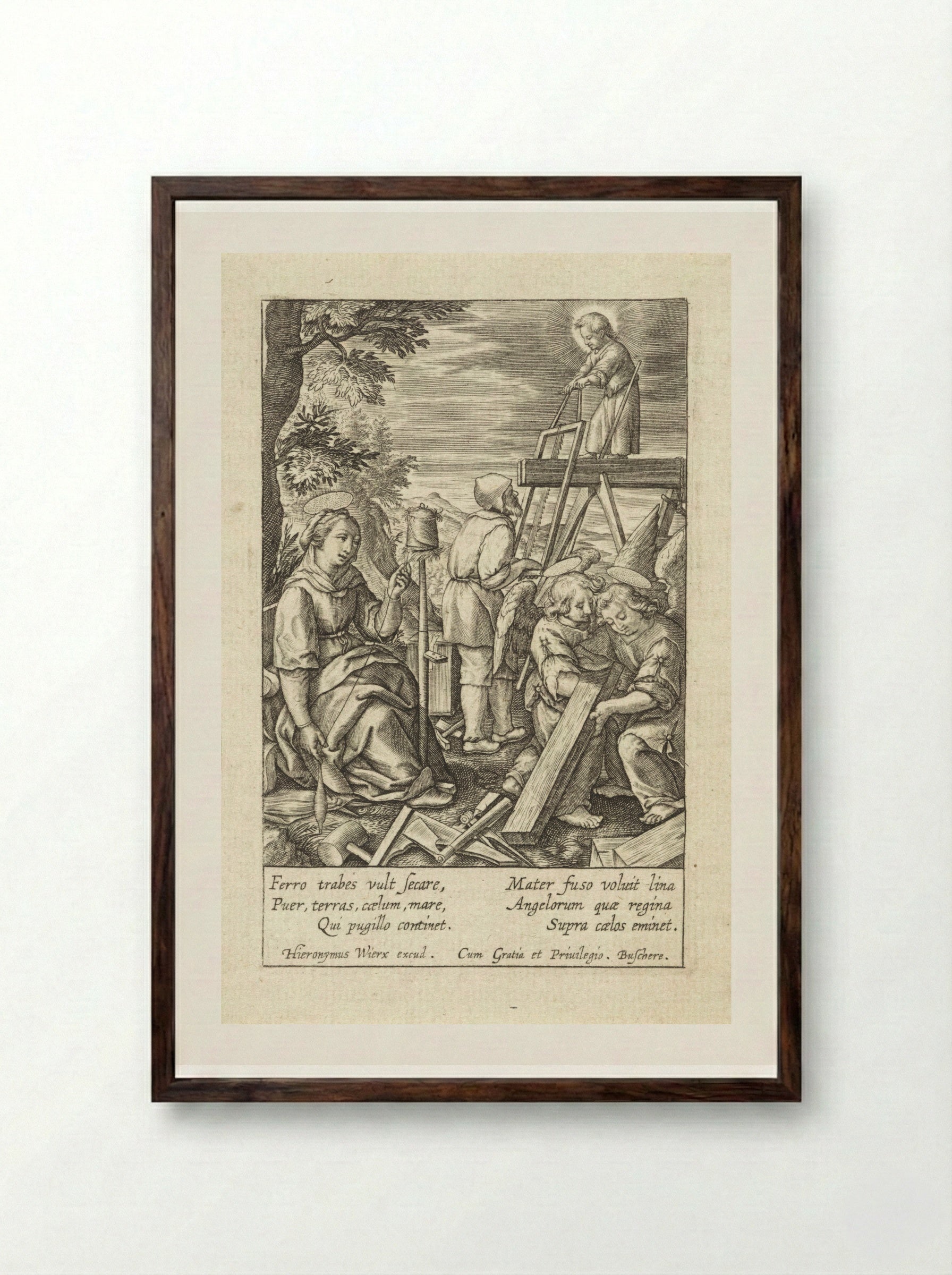 The Christ Child Helping Joseph with Sawing - Hieronymus Wierix - Framed Print Dark Wood