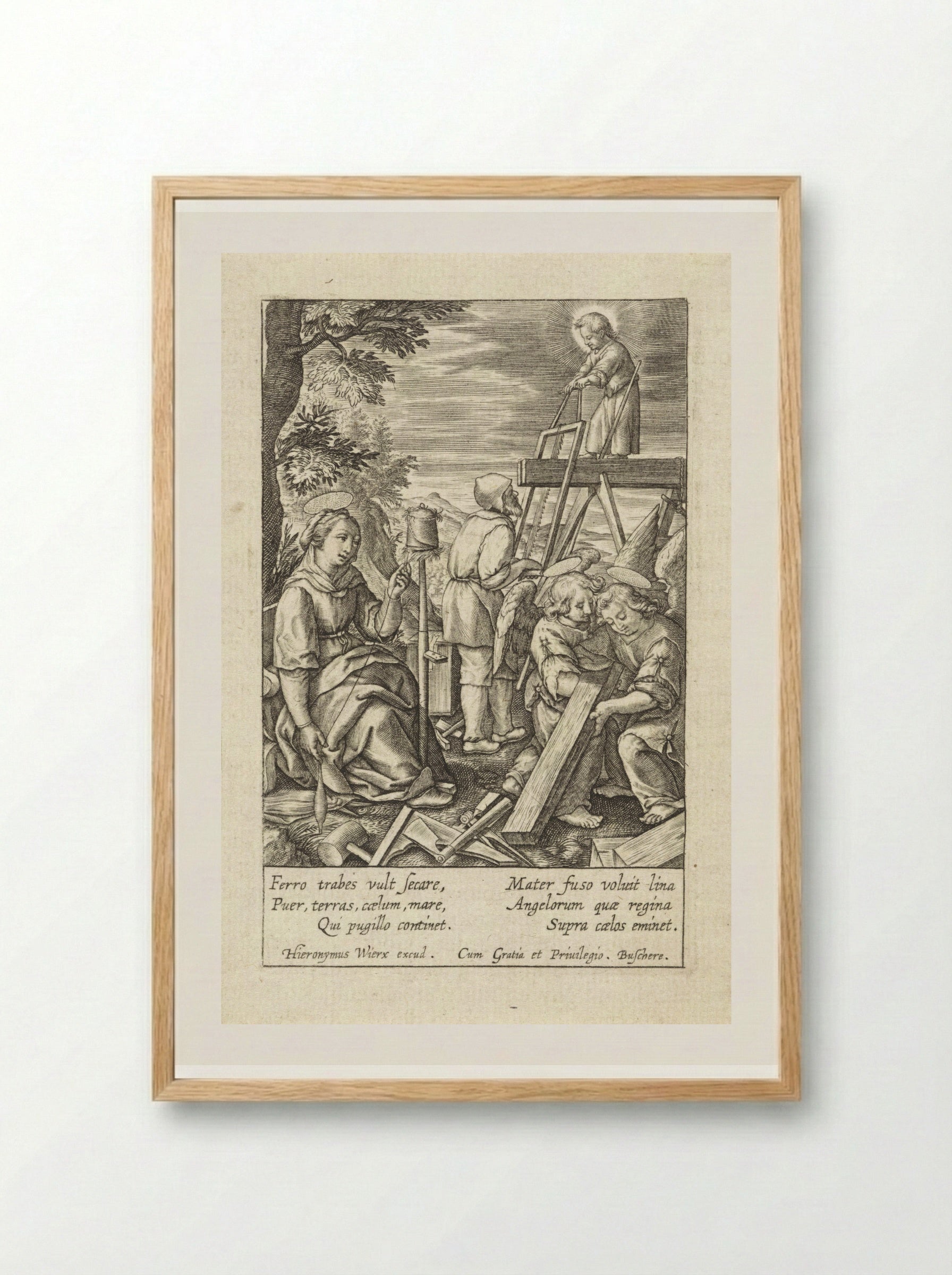 The Christ Child Helping Joseph with Sawing - Hieronymus Wierix - Framed Print Wood