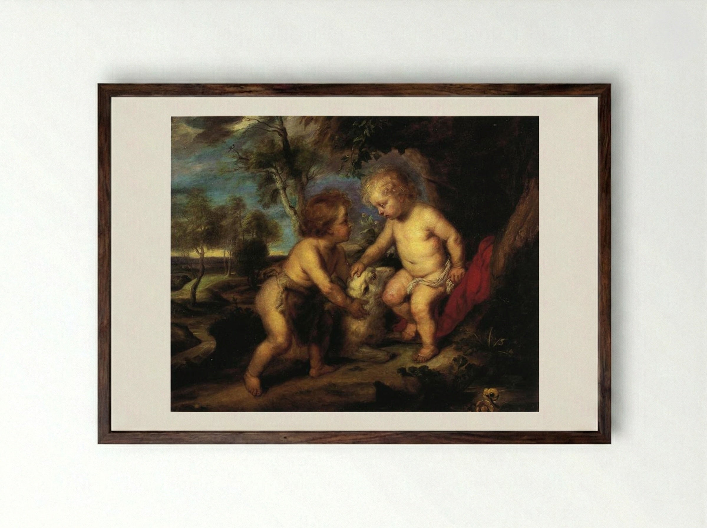 The Christ Child and the Infant St. John (after Rubens) - T. C. Steele - Framed Print Dark Wood