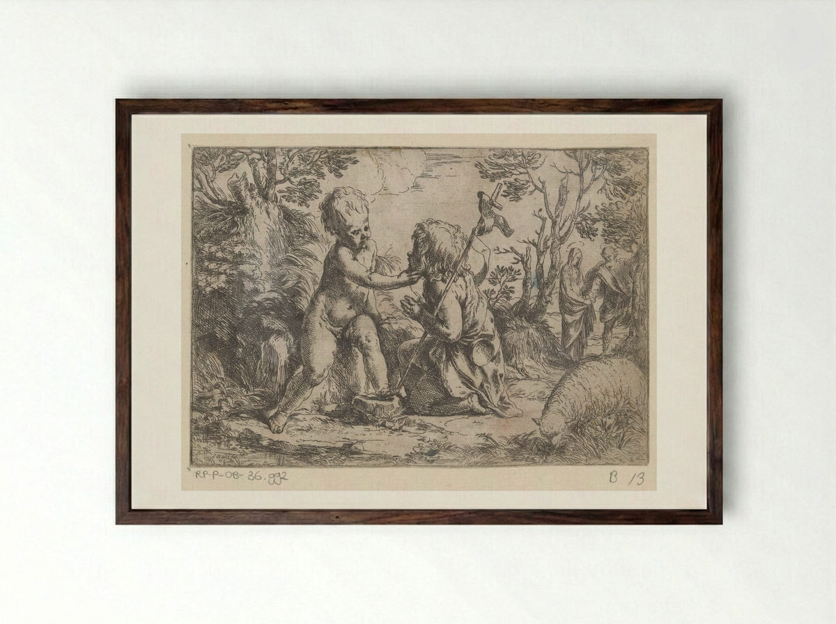 The Christ Child and the Young Saint John the Baptist - Guido Reni - Framed Print Dark Wood
