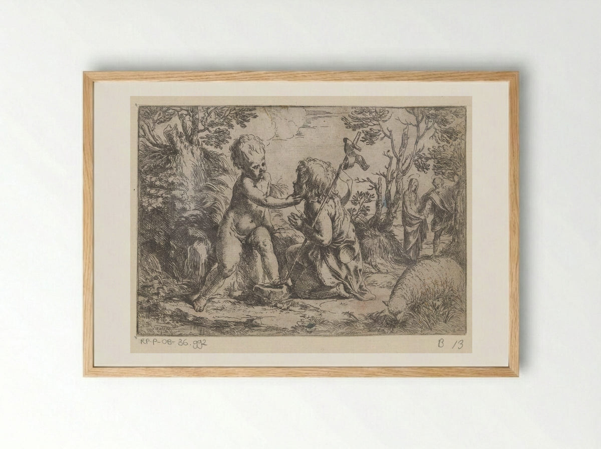 The Christ Child and the Young Saint John the Baptist - Guido Reni - Framed Print Wood