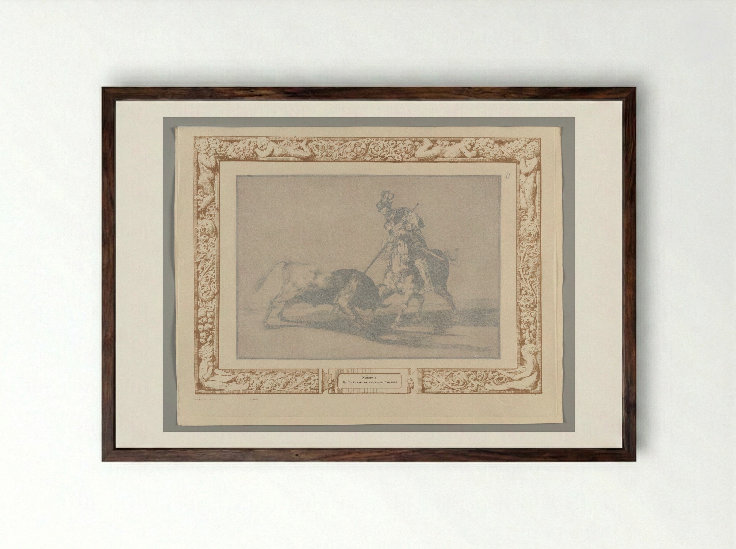 The Cid Campeador Spearing Another Bull - Francisco José de Goya y Lucientes - Framed Print Dark Wood