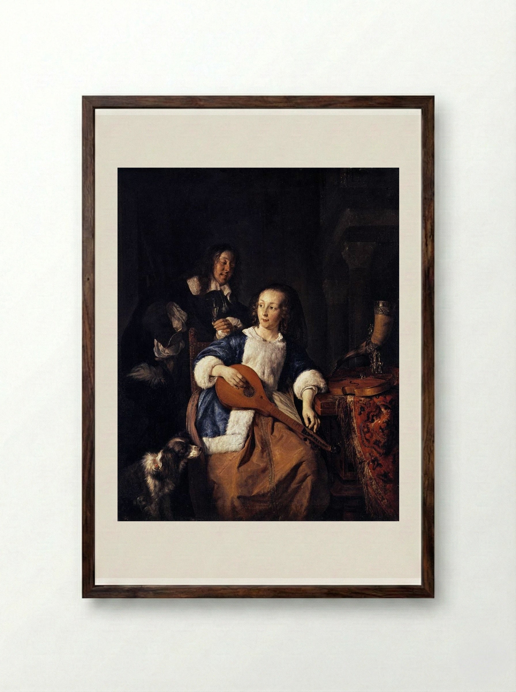 The Cittern Player - Gabriel Metsu - Framed Print Dark Wood