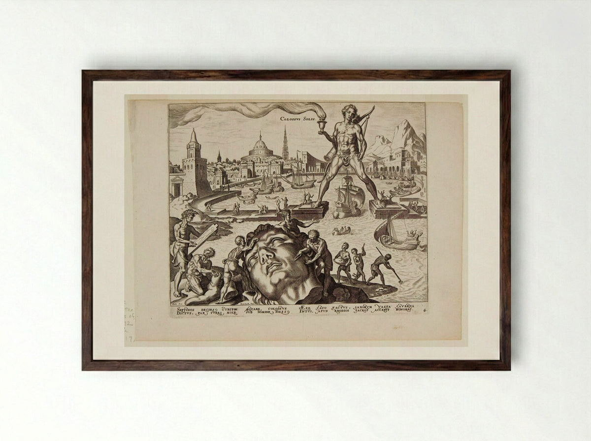 The Colossus of Rhodes - Philips Galle - Framed Print Dark Wood