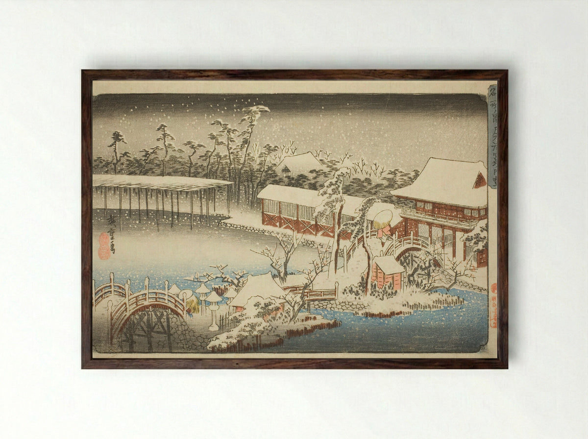 The Compound of the Tenman Shrine at Kameido in the Snow - Utagawa Hiroshige - Framed Print Dark Wood