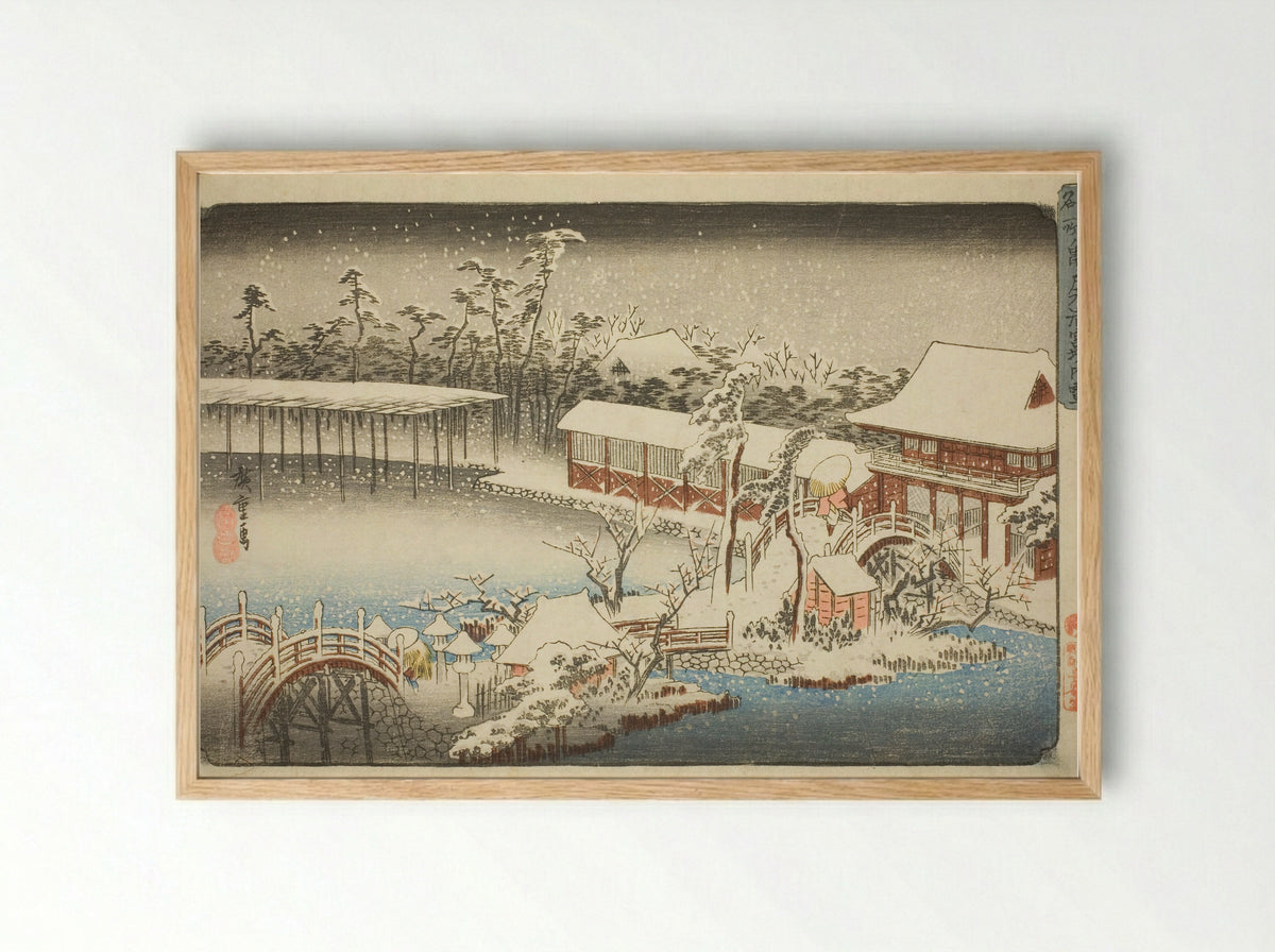 The Compound of the Tenman Shrine at Kameido in the Snow - Utagawa Hiroshige - Framed Print Wood