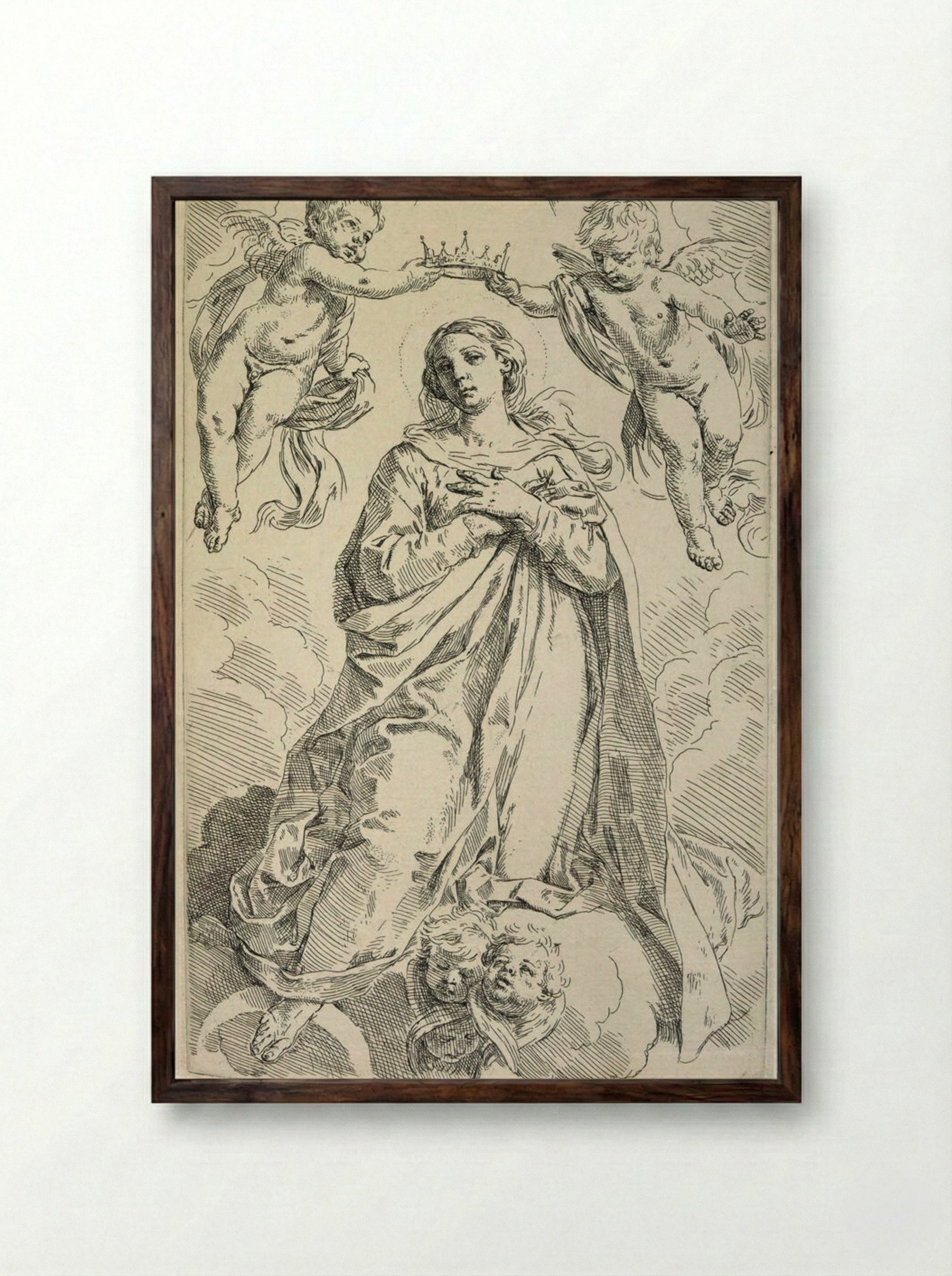 The Coronation of the Virgin with Two Angels - Simone Cantarini - Framed Print Dark Wood