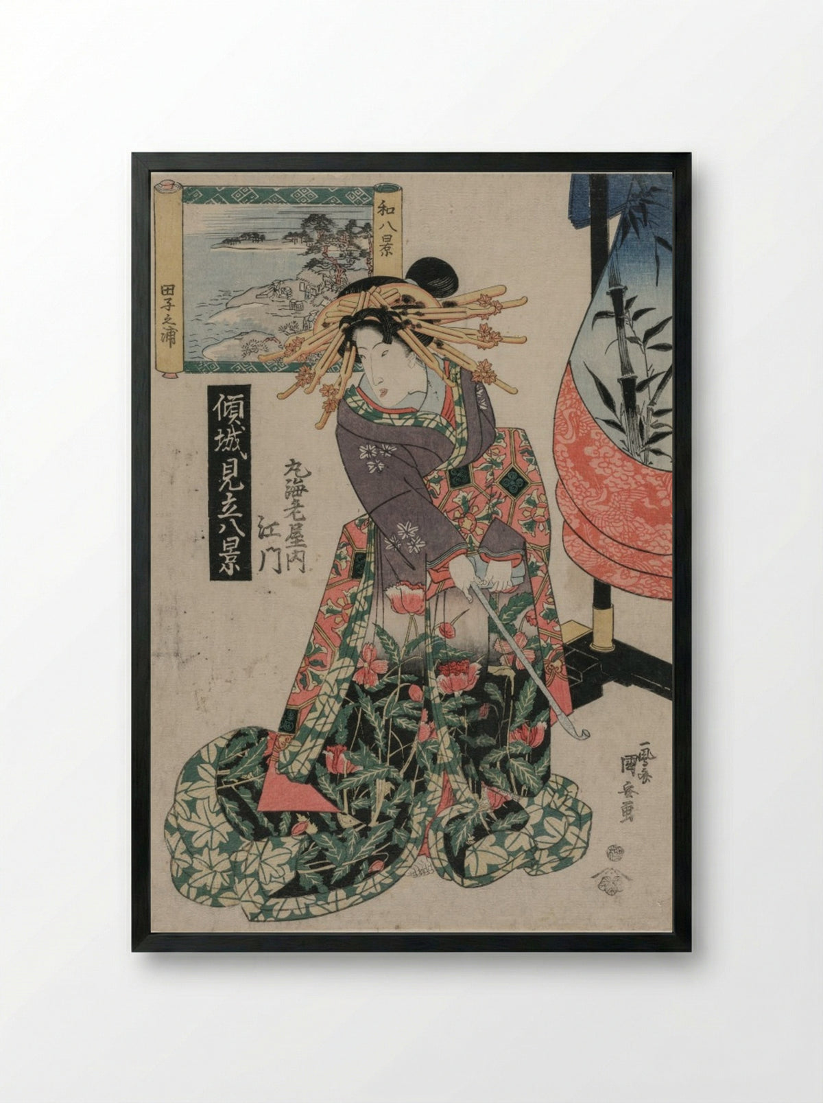 The Courtesan Emon of Maruebiya with a View of Tago Bay - Utagawa Kuniyasu - Framed Print Black