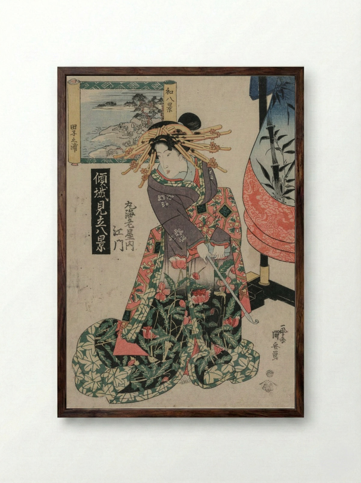 The Courtesan Emon of Maruebiya with a View of Tago Bay - Utagawa Kuniyasu - Framed Print Dark Wood