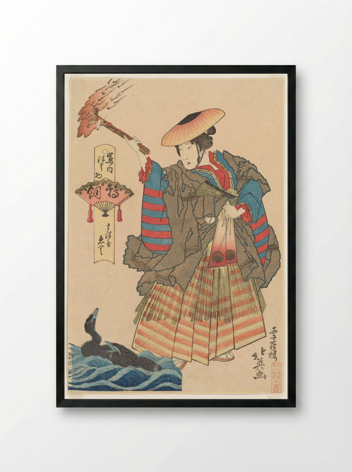 The Courtesan Emu of the Matsuya Brothel as a Cormorant Fisherwoman - Shunbaisai Hokuei - Framed Print Black