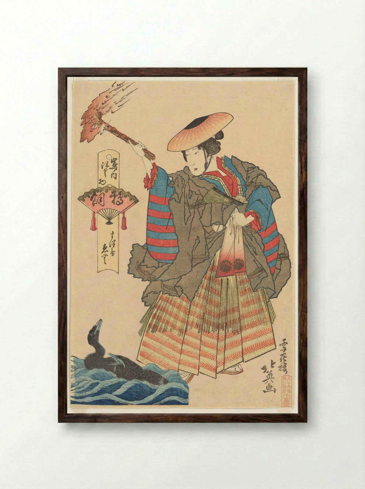 The Courtesan Emu of the Matsuya Brothel as a Cormorant Fisherwoman - Shunbaisai Hokuei - Framed Print Dark Wood