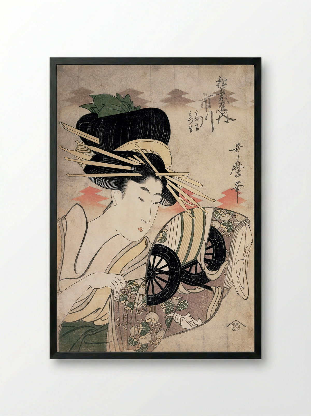 The Courtesan Ichikawa of the Matsubaya in Edo-machi Itchome, with her Child Attendants Tamamo and Mitsumo - Kitagawa Utamaro - Framed Print Black