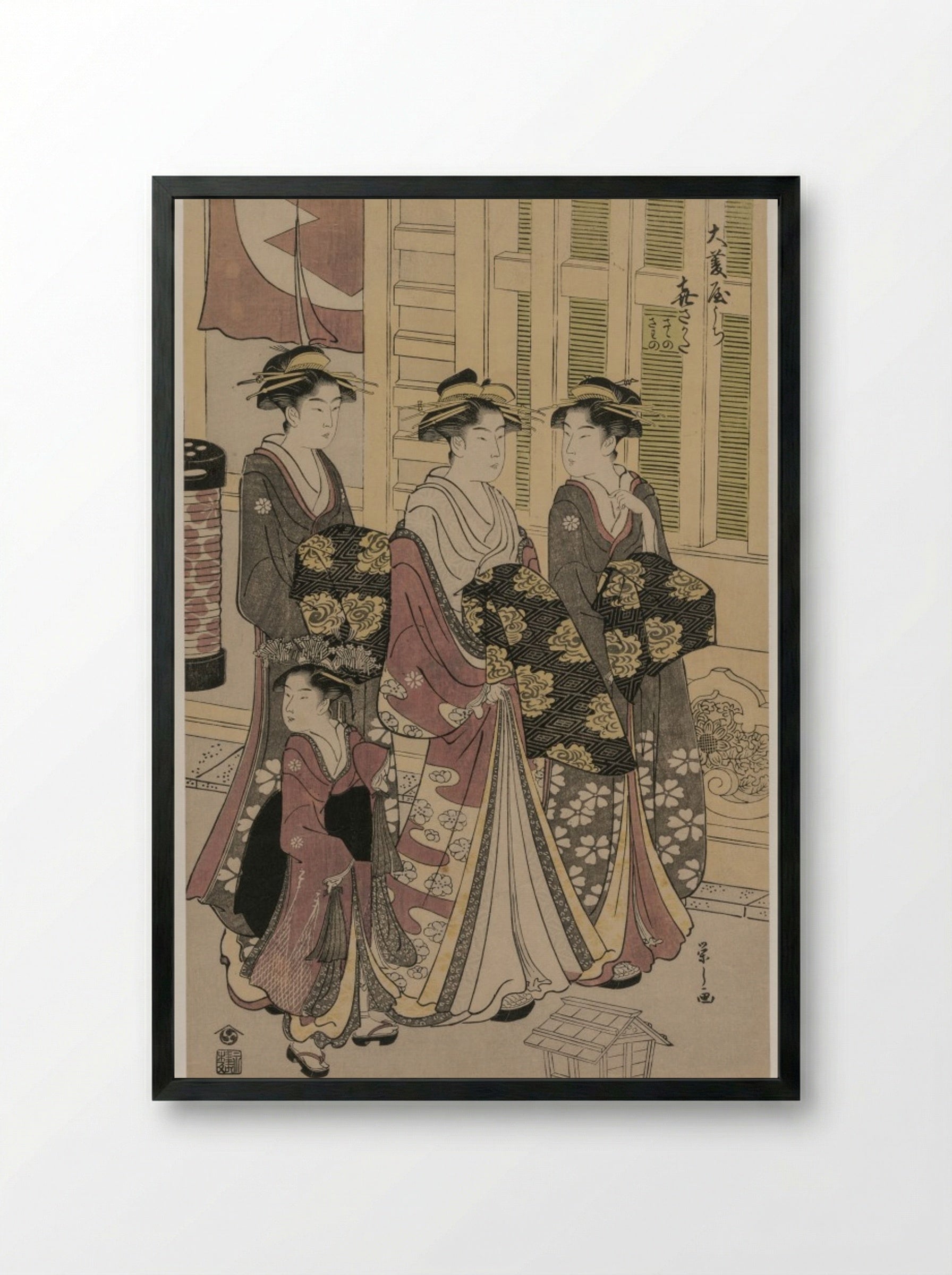 The Courtesan Kisagata of Ohishiya Strolling at Night with Two Shinzo and a Kamuro - Chōbunsai Eishi - Framed Print Black
