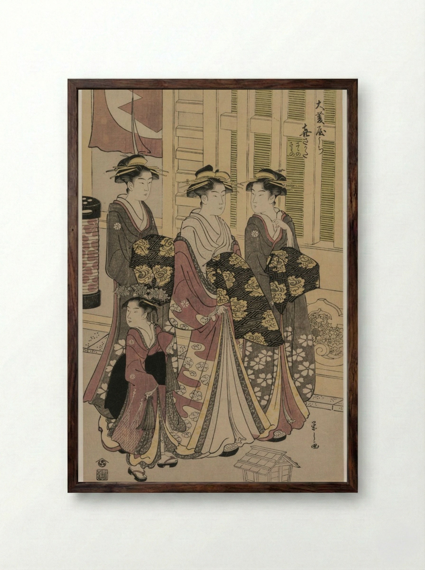 The Courtesan Kisagata of Ohishiya Strolling at Night with Two Shinzo and a Kamuro - Chōbunsai Eishi - Framed Print Dark Wood