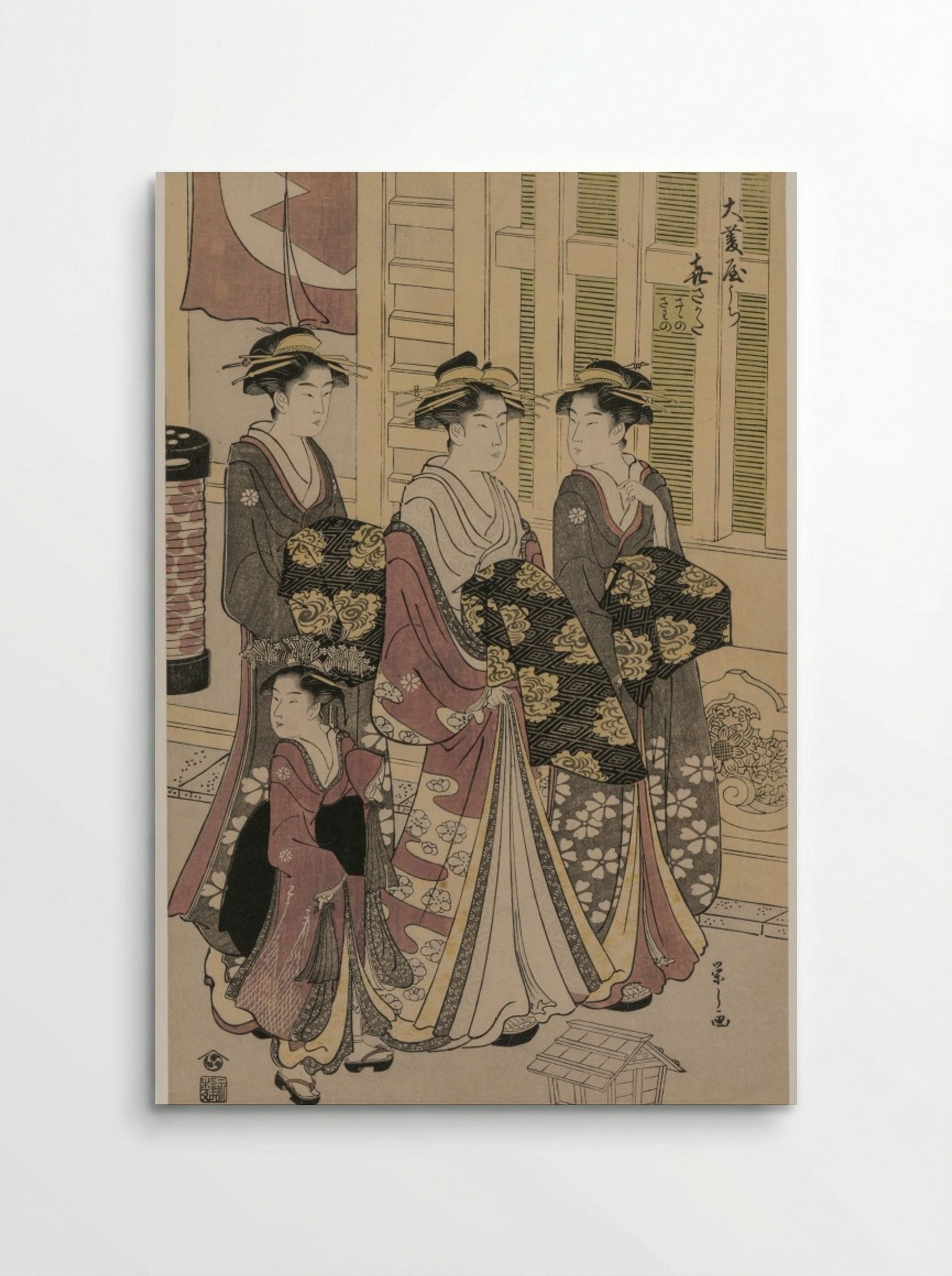The Courtesan Kisagata of Ohishiya Strolling at Night with Two Shinzo and a Kamuro - Chōbunsai Eishi - Poster
