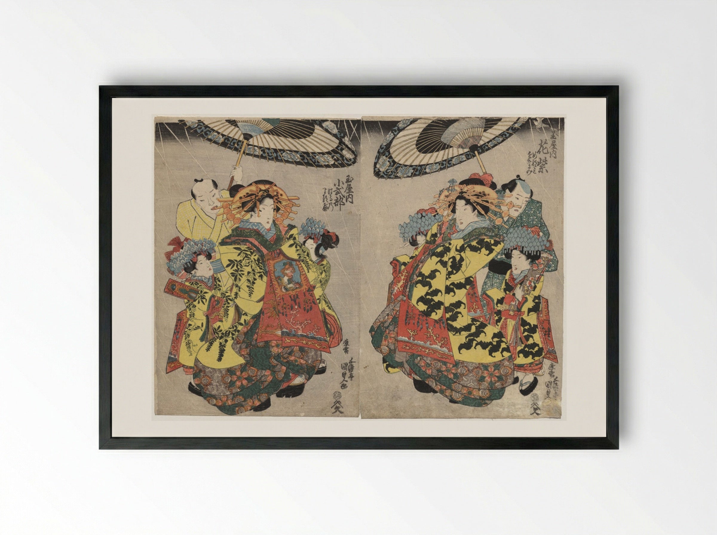The Courtesans Hanamurasaki and Koshikibu of the Tamaya Promenading in the Rain - Utagawa Kunisada - Framed Print Black
