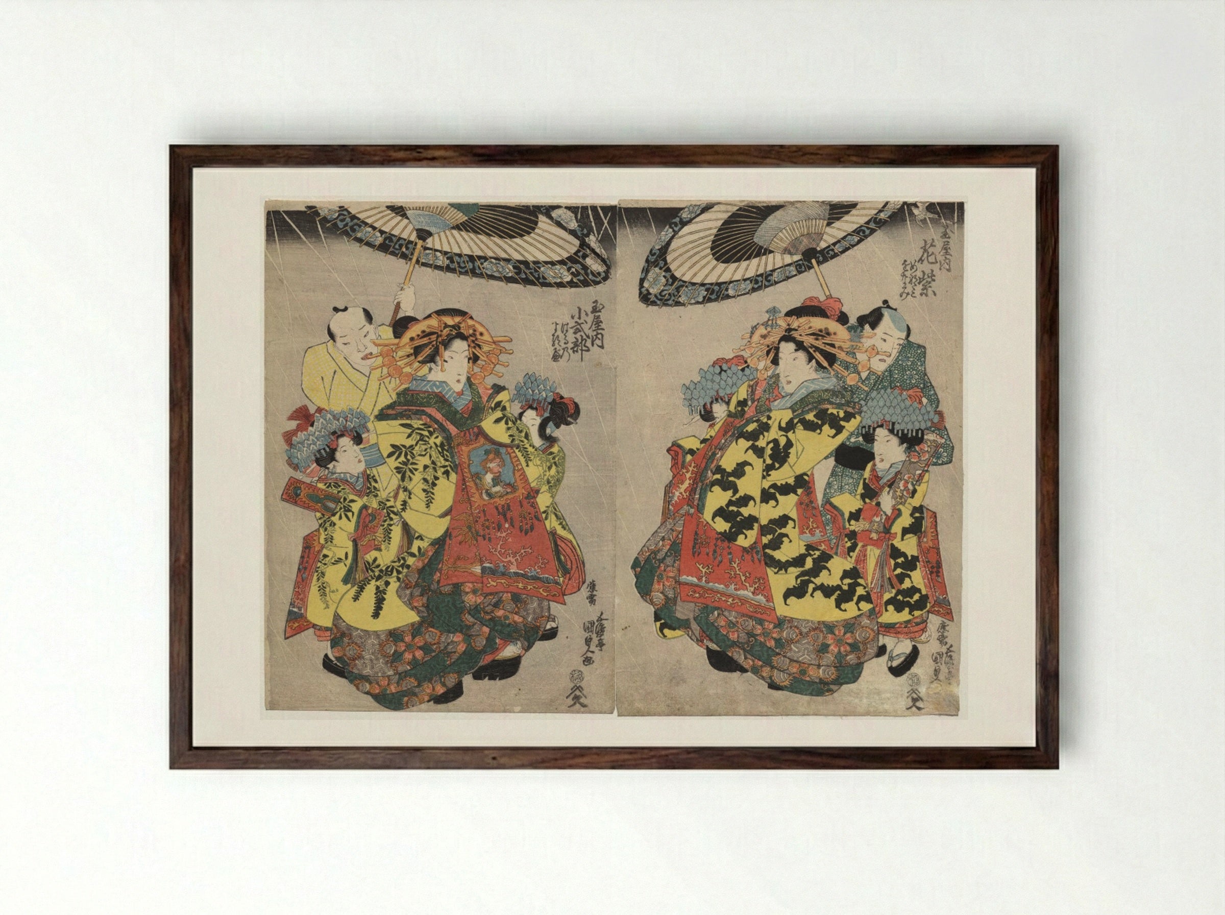 The Courtesans Hanamurasaki and Koshikibu of the Tamaya Promenading in the Rain - Utagawa Kunisada - Framed Print Dark Wood