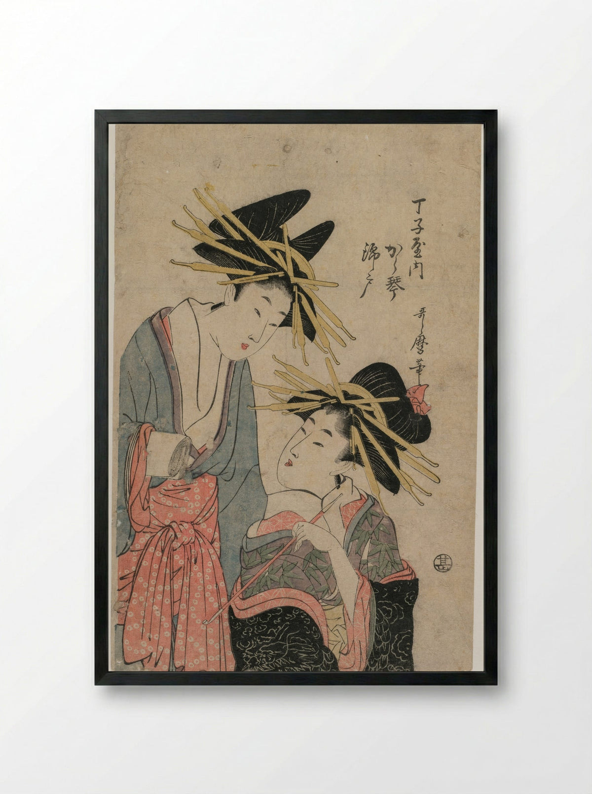The Courtesans Karagoto and Nishikido of Chojiya - Kitagawa Utamaro II - Framed Print Black