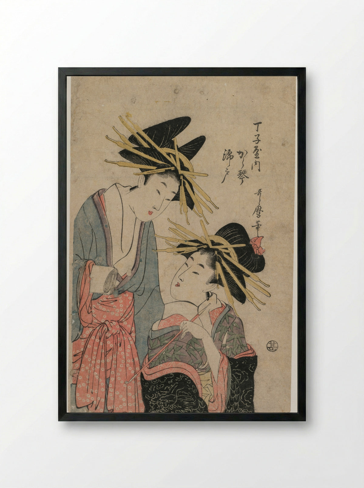 The Courtesans Karagoto and Nishikido of Chojiya - Kitagawa Utamaro II - Framed Print Black