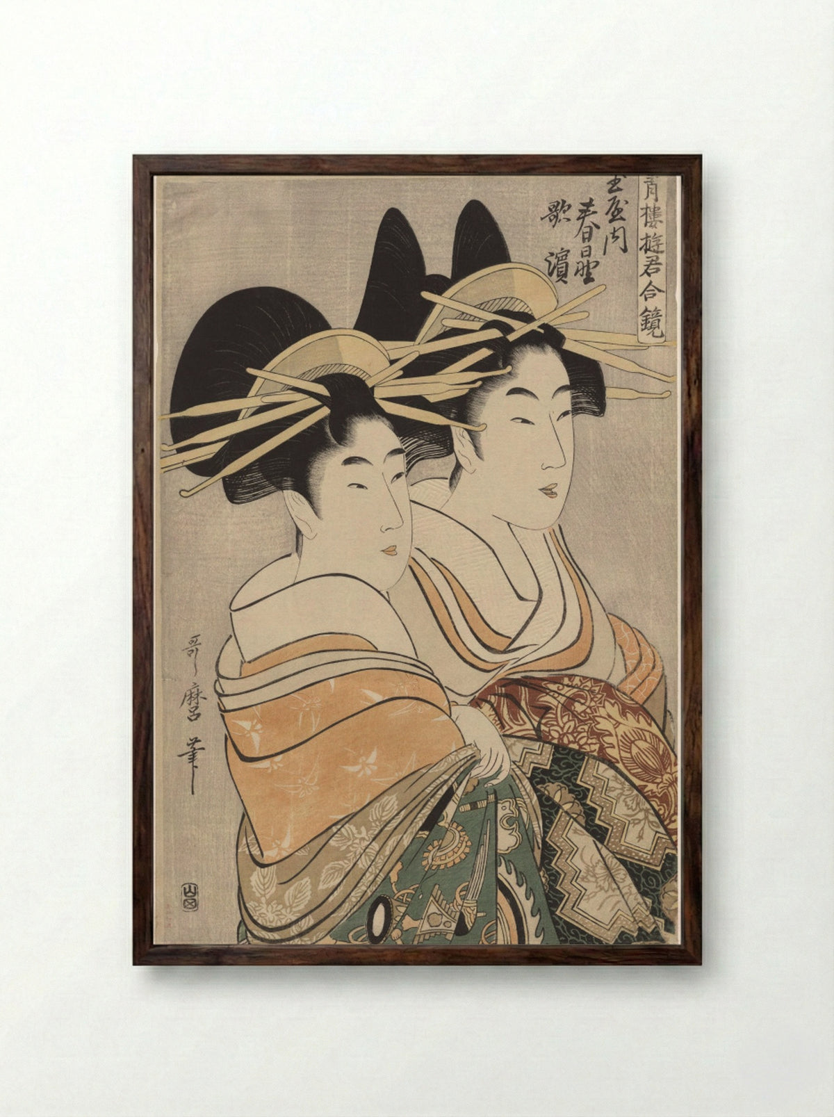 The Courtesans Kasugano and Utahama of Tamaya - Kitagawa Utamaro - Framed Print Dark Wood