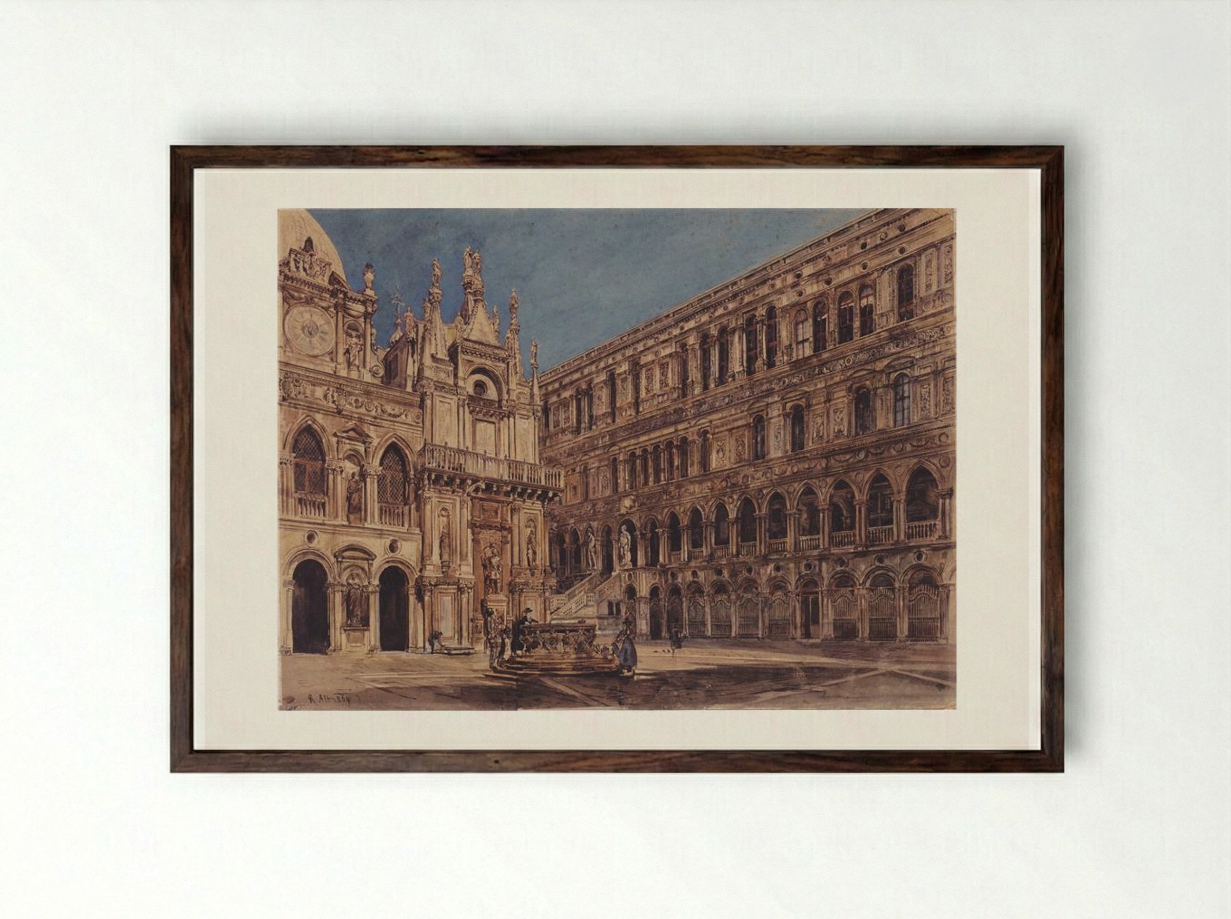 The Courtyard of the Doge's Palace in Venice - Rudolf von Alt - Framed Print Dark Wood